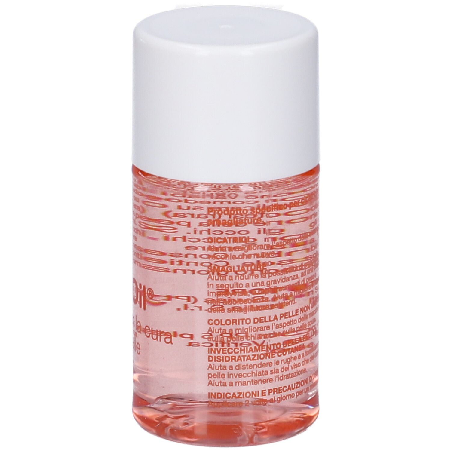 Retro del flacone di Bio-Oil®. Testo in italiano. Tappo bianco. Liquido trasparente.