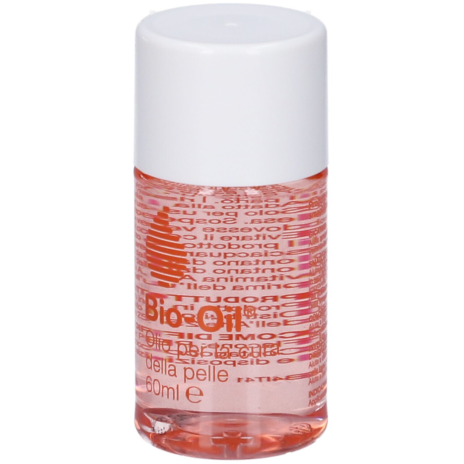 Flacone di Bio-Oil® con tappo bianco. Scritta: Olio per la cura della pelle, 60ml e. Logo arancione.