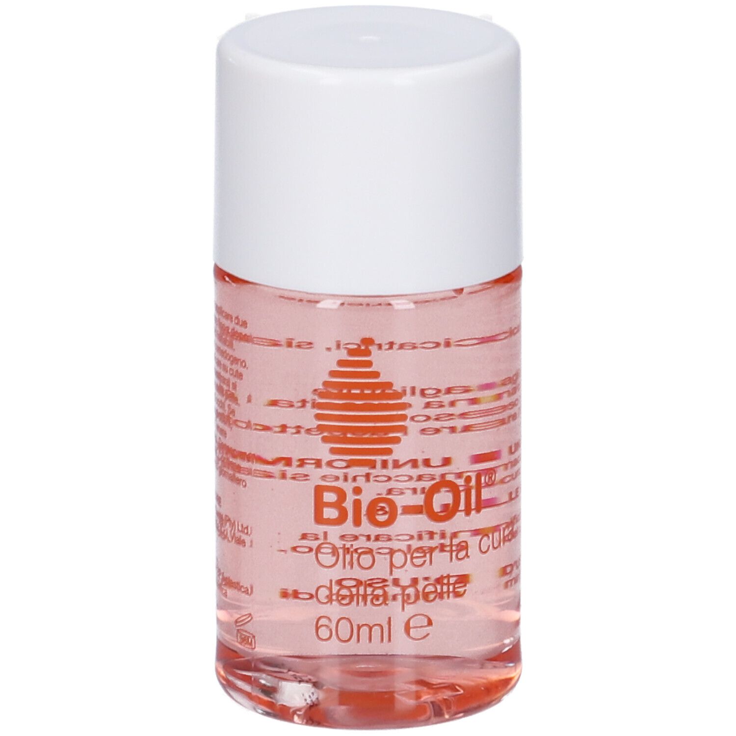 Flacone di Bio-Oil® con tappo bianco. Scritta: Olio per la cura della pelle, 60ml e. Logo arancione.