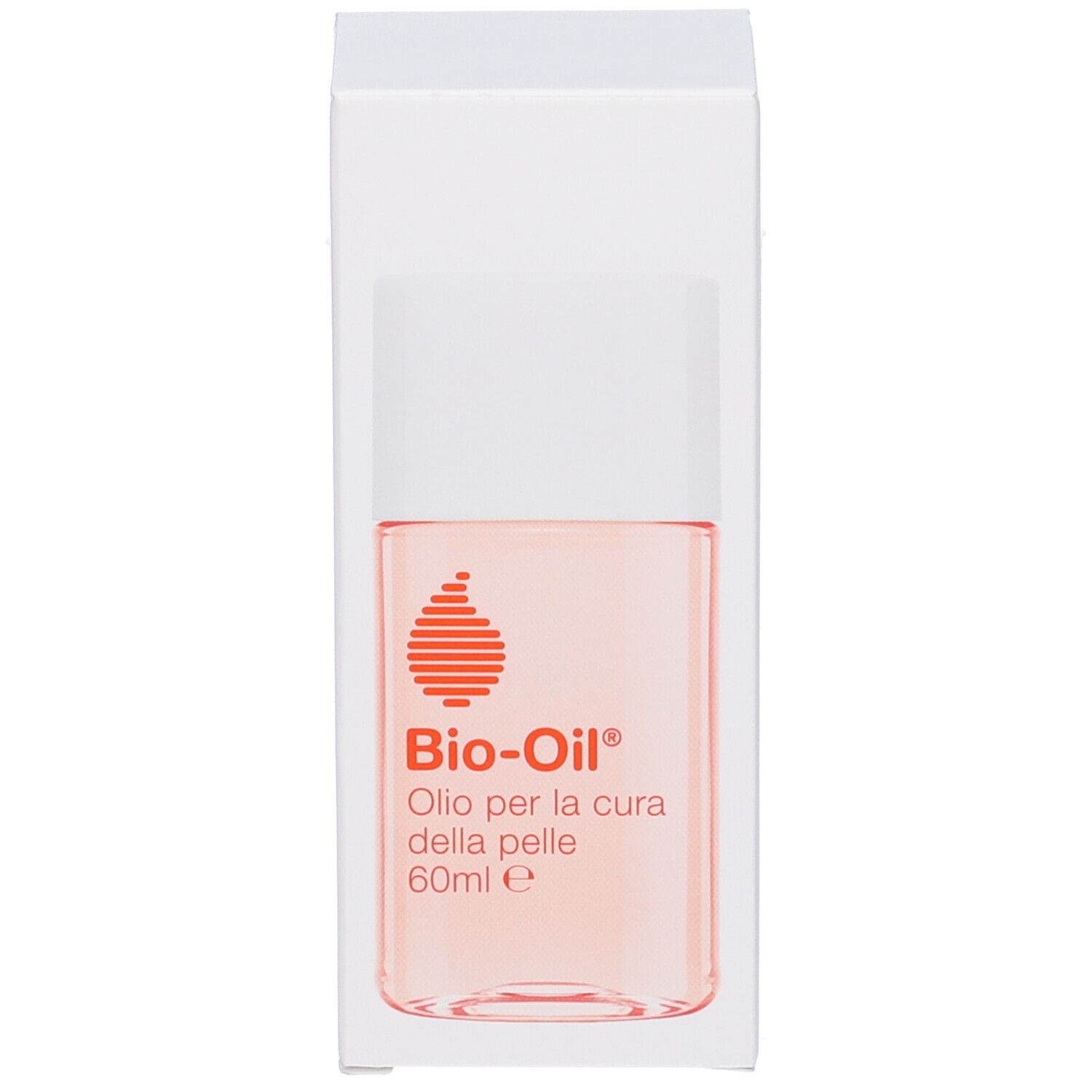 Flacone di Bio-Oil® in confezione bianca. Scritta: Olio per la cura della pelle, 60ml e. Logo arancione.