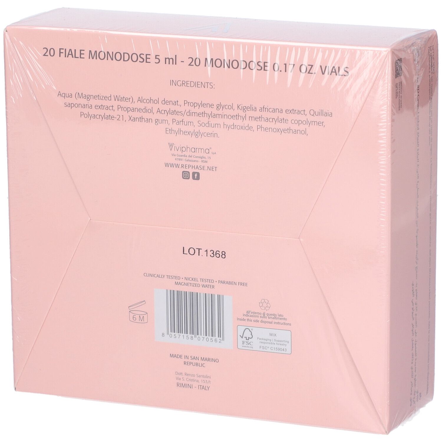 Retro della confezione rosa con ingredienti e informazioni. 20 fiale. Numero LOT 1368.