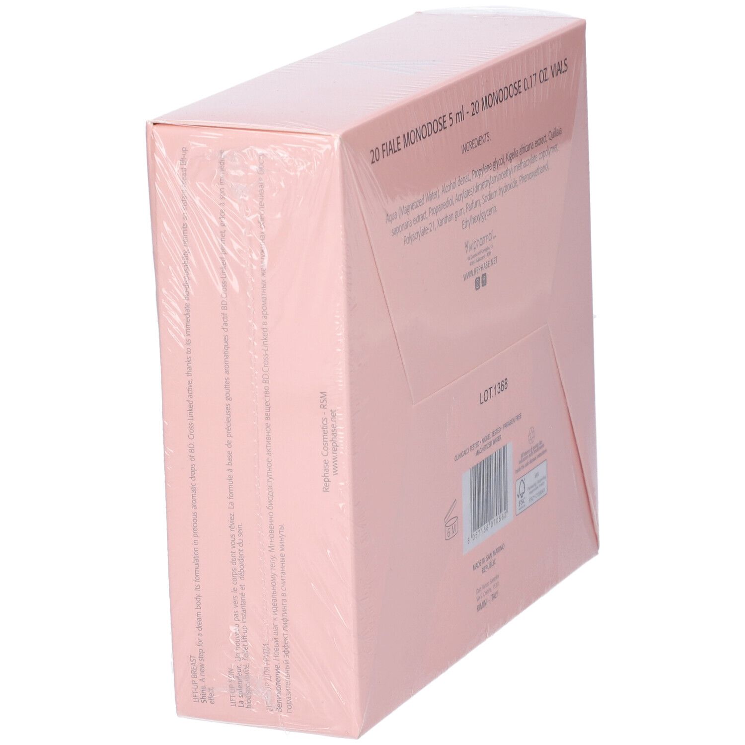 Vista obliqua della confezione rosa con ingredienti e informazioni. 20 fiale. Numero LOT 1368.