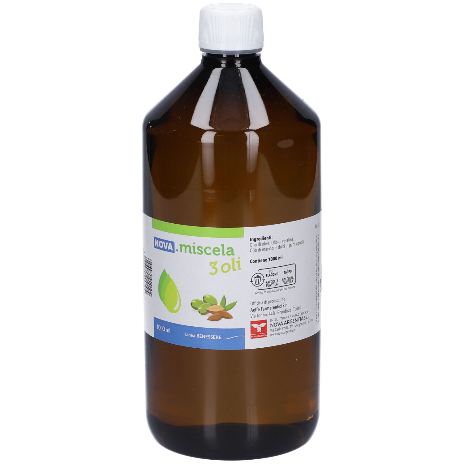 Flacone in vetro marrone da 1000ml di olio, marca Nova Argentia.