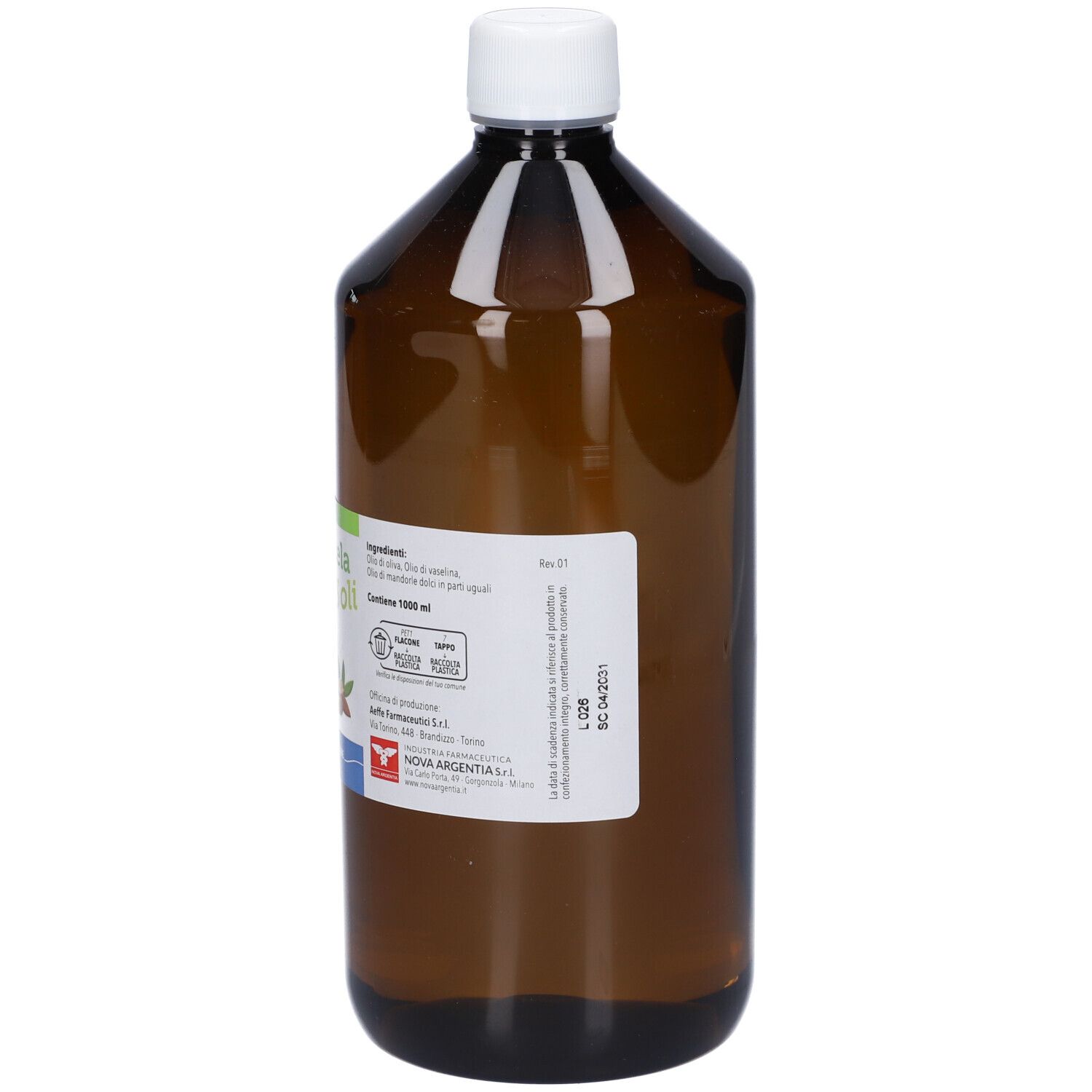 Flacone in vetro marrone con tappo a vite bianco, contenuto 1000 ml.