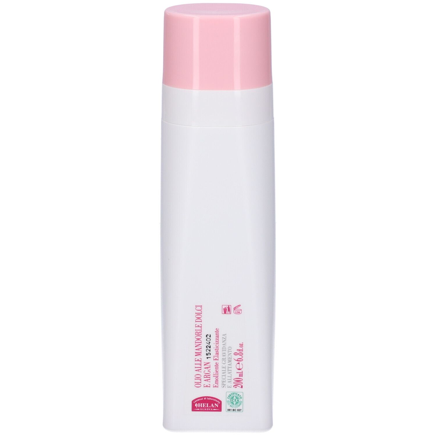 Flacone bianco con tappo rosa. Scritta: Olio alle Mandorle Dolci e Argan. Logo Helan. Certificazioni.