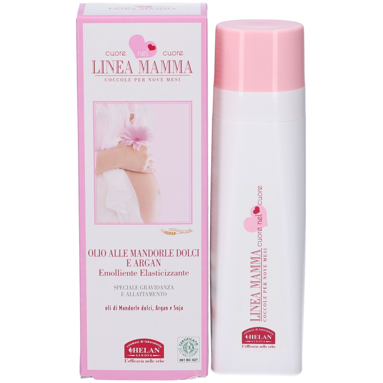 Confezione del prodotto con flacone. Scritta: LINEA MAMMA, Olio alle Mandorle Dolci e Argan. Logo Helan. Immagine di donna incinta.