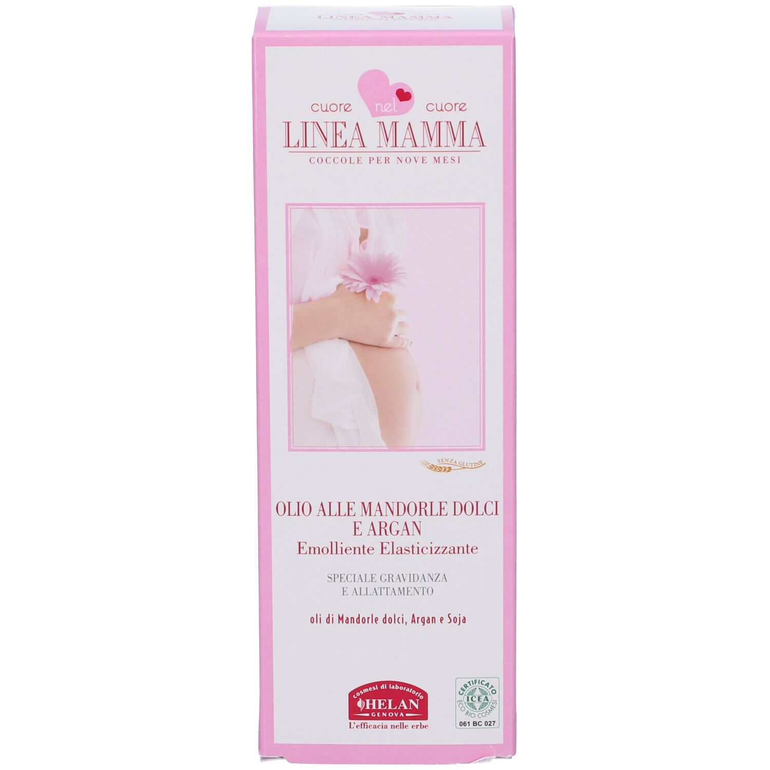 Confezione del prodotto. Scritta: LINEA MAMMA, Olio alle Mandorle Dolci e Argan. Logo Helan. Immagine di donna incinta.