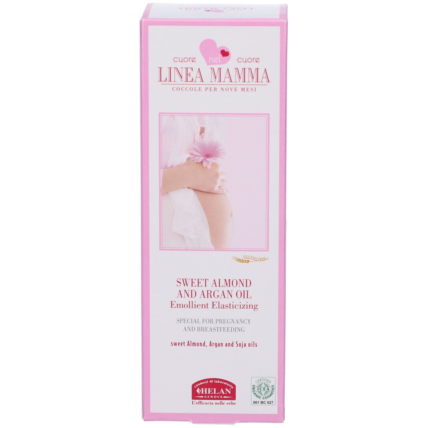 Confezione del prodotto. Scritta: Sweet Almond and Argan Oil. Logo Helan. Immagine di donna incinta.