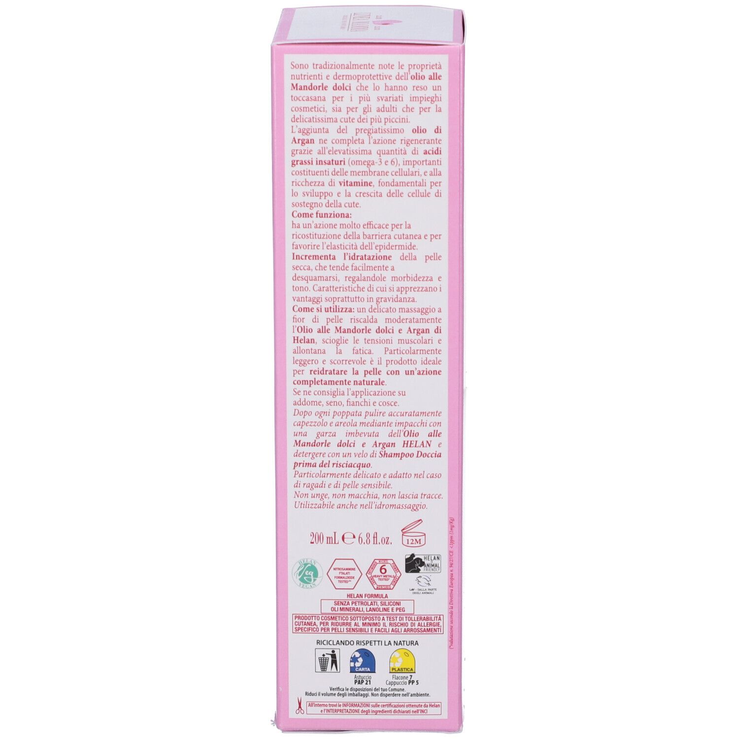 Confezione del prodotto. Testo sull'uso dell'olio di mandorle dolci e argan. Logo Helan. Certificazioni.