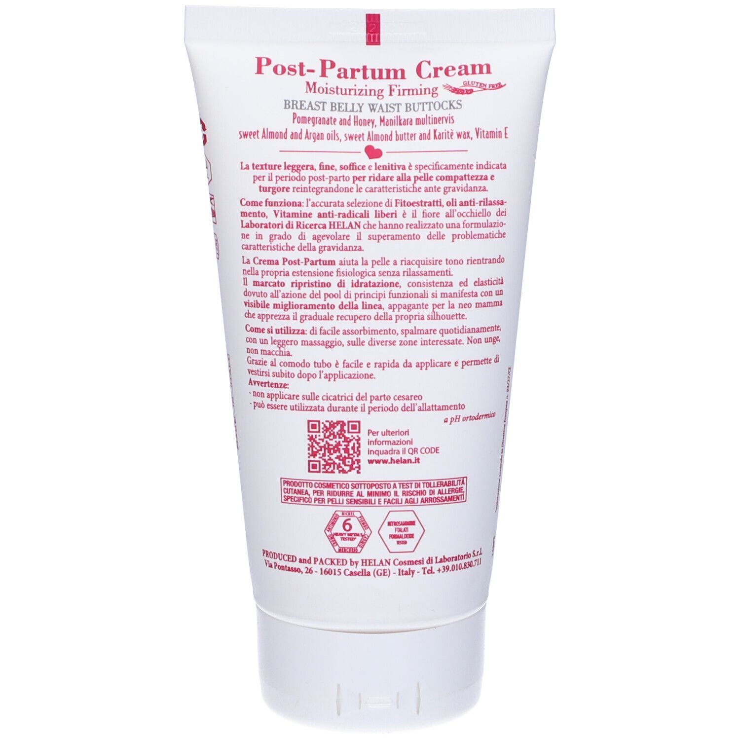 Retro di un tubo bianco. Testo: Post-Partum Cream, Idratante, Rassodante. Contiene melograno, burro di karité e vitamina E. Con codice QR.