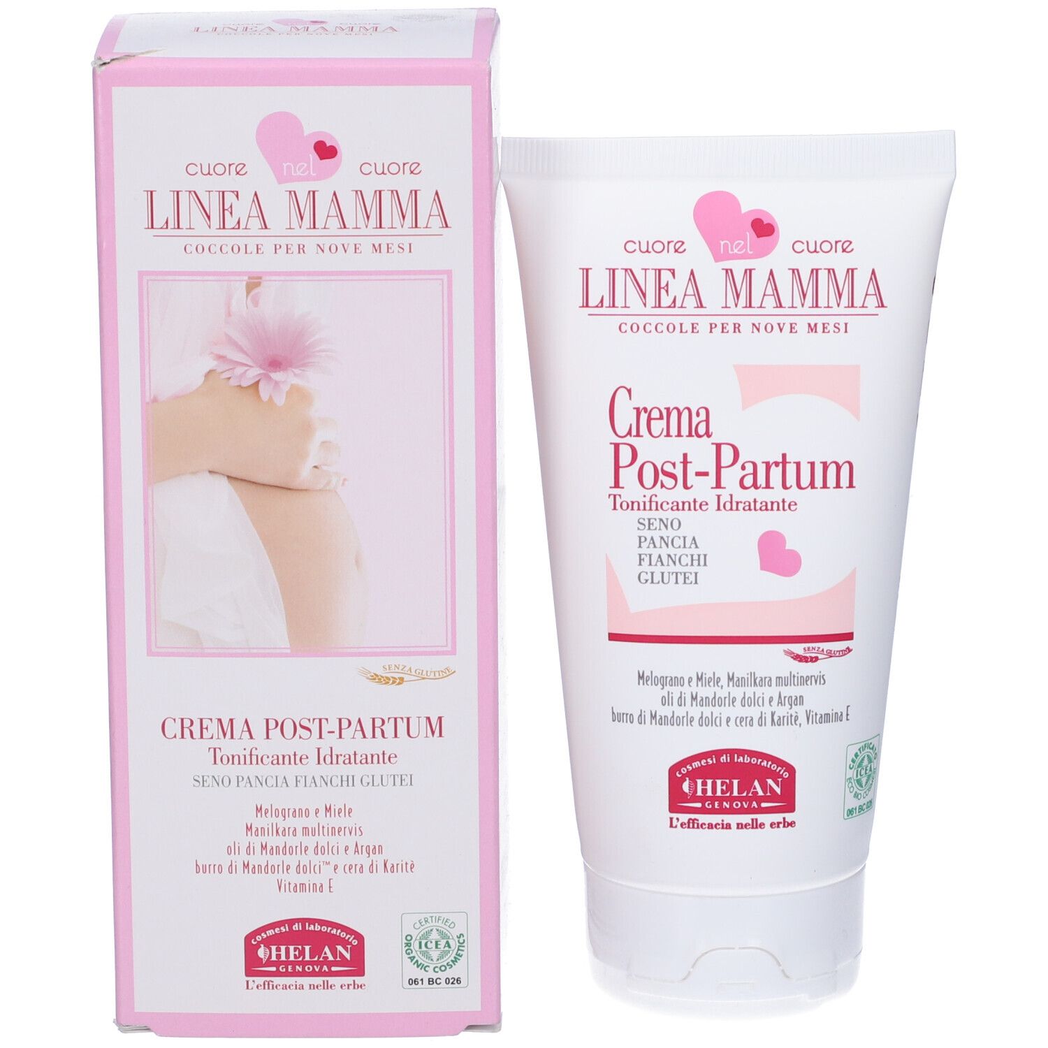 Confezione prodotto con tubo e scatola. Tubo: LINEA MAMMA, Crema Post-Partum. Scatola: immagine di una mano su un ventre. Con certificazione.