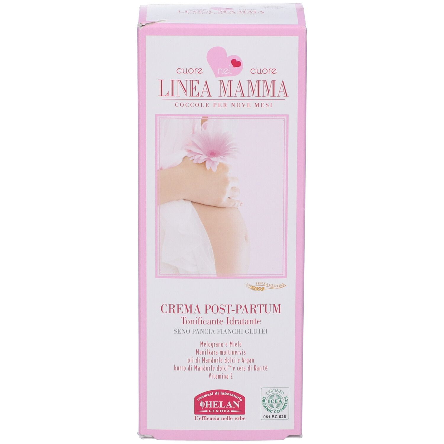 Scatola rosa con nome del prodotto e immagine di una mano su un ventre. Testo: LINEA MAMMA, Crema Post-Partum. Con certificazione.