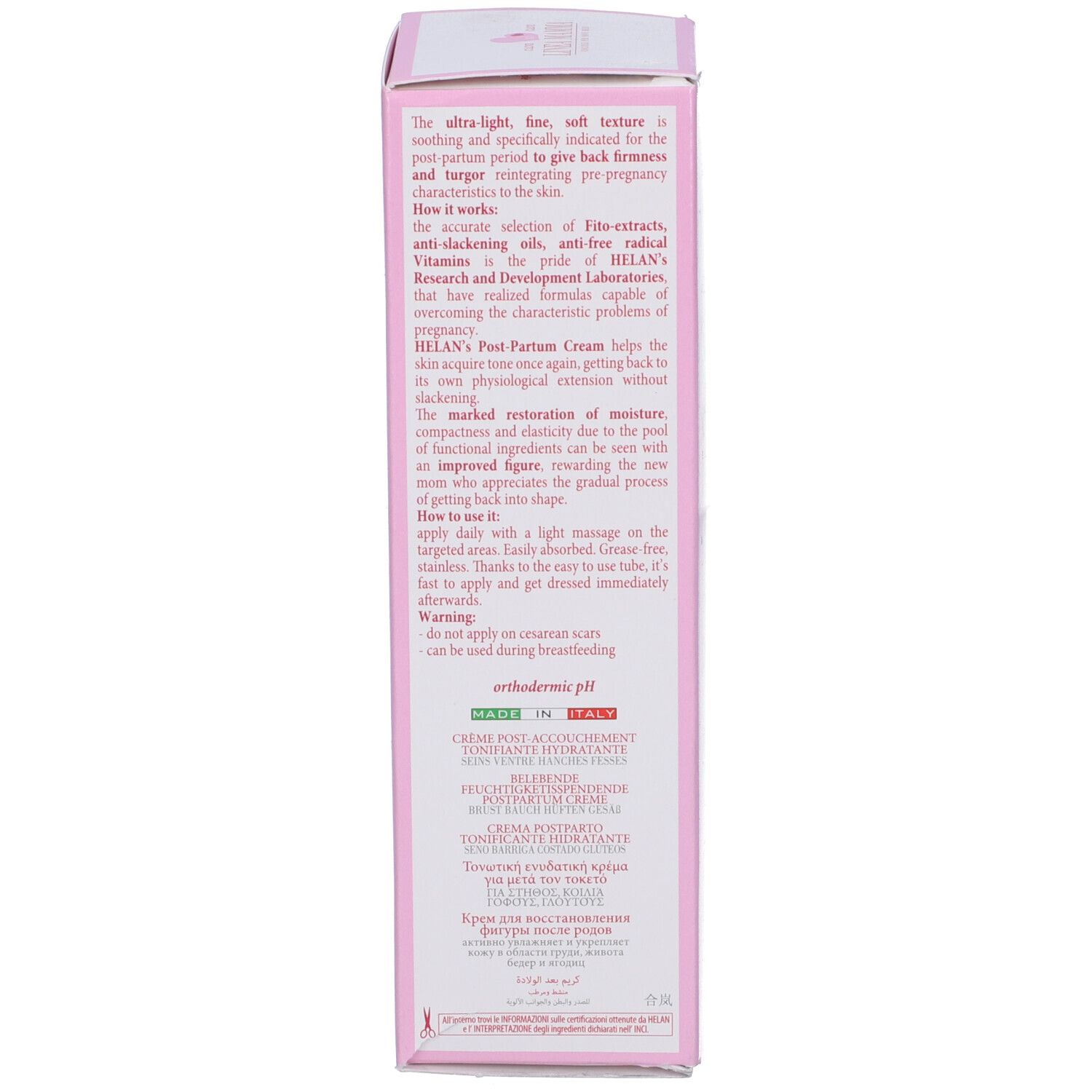 Retro di una scatola rosa. Testo: Crema Post-Partum. Contiene ingredienti come melograno e burro di karité. Con certificazione e QR code.