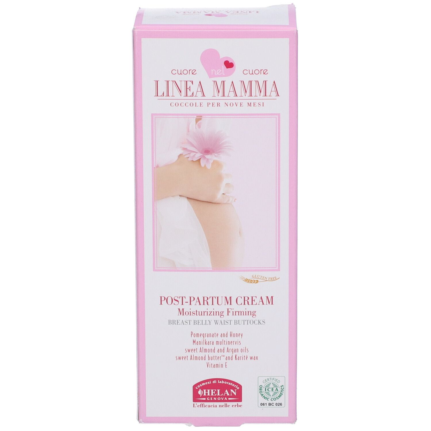 Scatola rosa con nome del prodotto e immagine di una mano su un ventre. Testo: Post-Partum Cream. Contiene melograno e burro di karité.