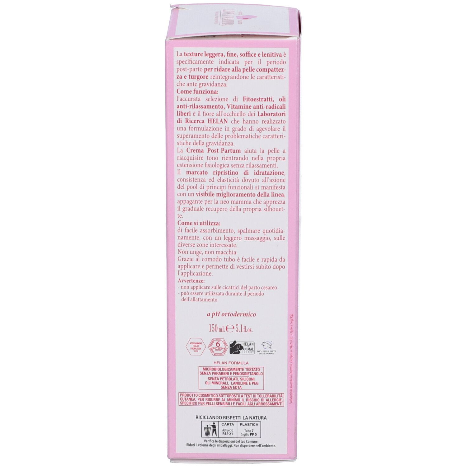 Retro di una scatola rosa. Testo: Post-Partum Cream. Contiene ingredienti come melograno e burro di karité. Con QR code e certificazione.