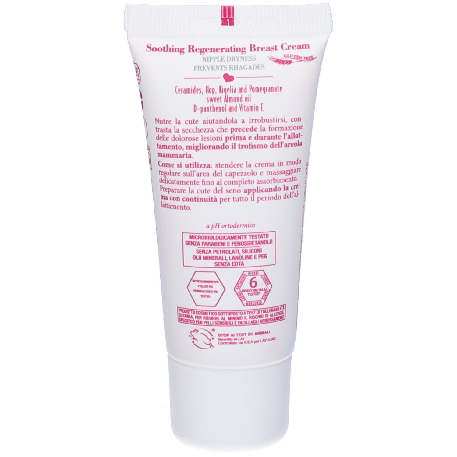 Retro del tubo. Testo: Soothing Regenerating Breast Cream, Nipple Dryness, Prevents Rhagades. pH dermatologicamente testato. Senza parabeni.