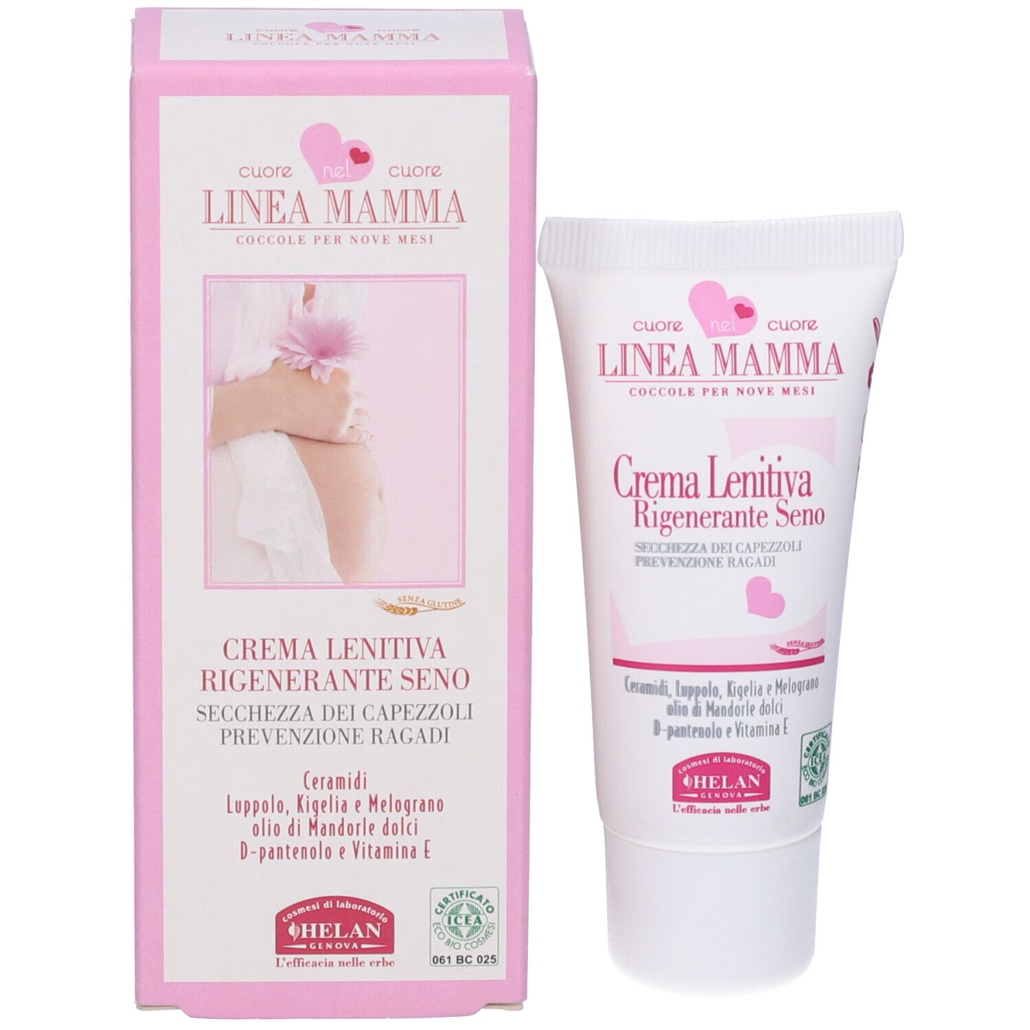 Confezione del prodotto: tubo e scatola. Scatola rosa con nome e logo del prodotto. Tubo bianco con stampa rosa. Testo: Crema Lenitiva Regenerante Seno.