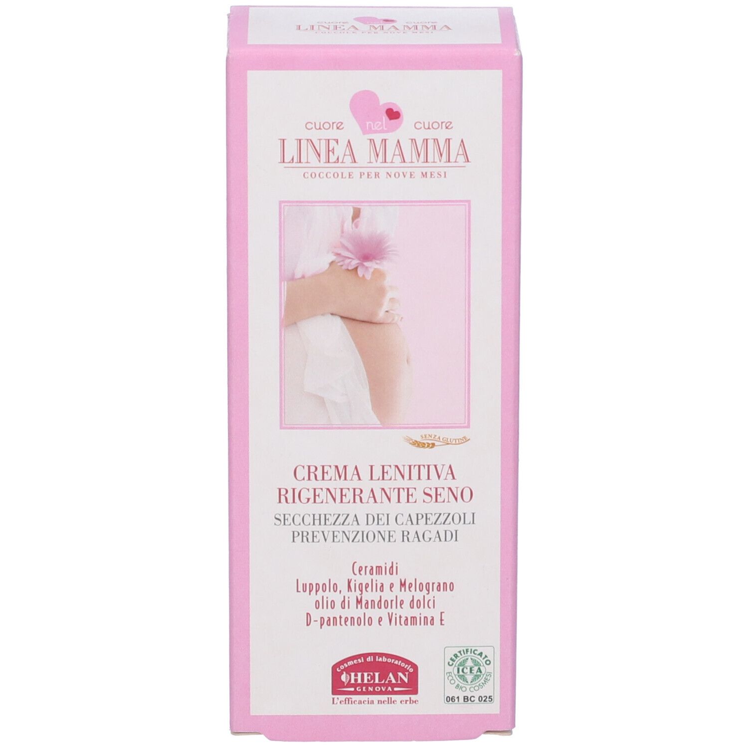 Scatola rosa con nome e logo del prodotto. Testo: Crema Lenitiva Regenerante Seno. Illustrazione di una donna incinta. Marchio: HELAN.