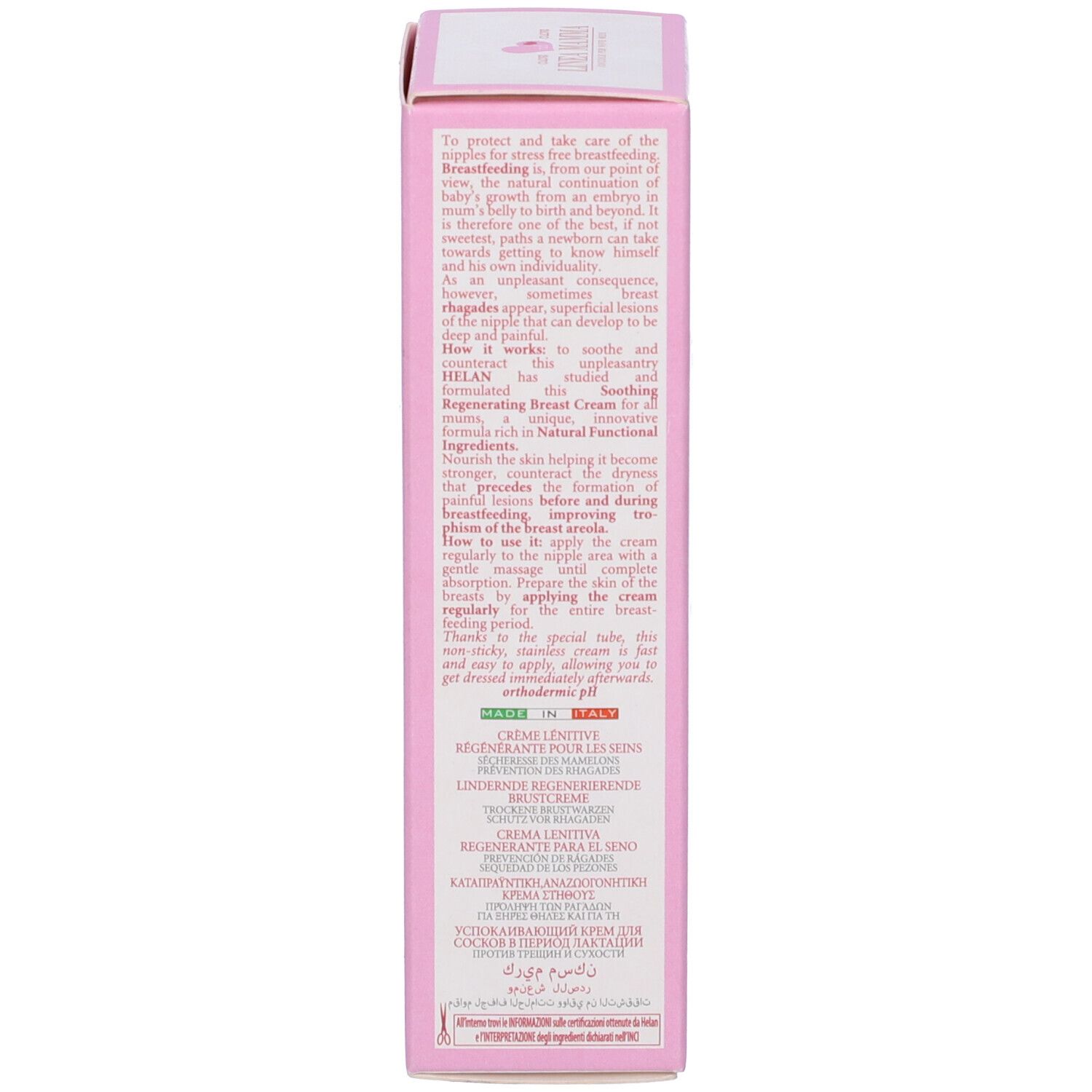 Lato della scatola rosa. Testo in italiano. Contiene informazioni sull'uso e gli ingredienti. Marchio: HELAN. Certificazioni.