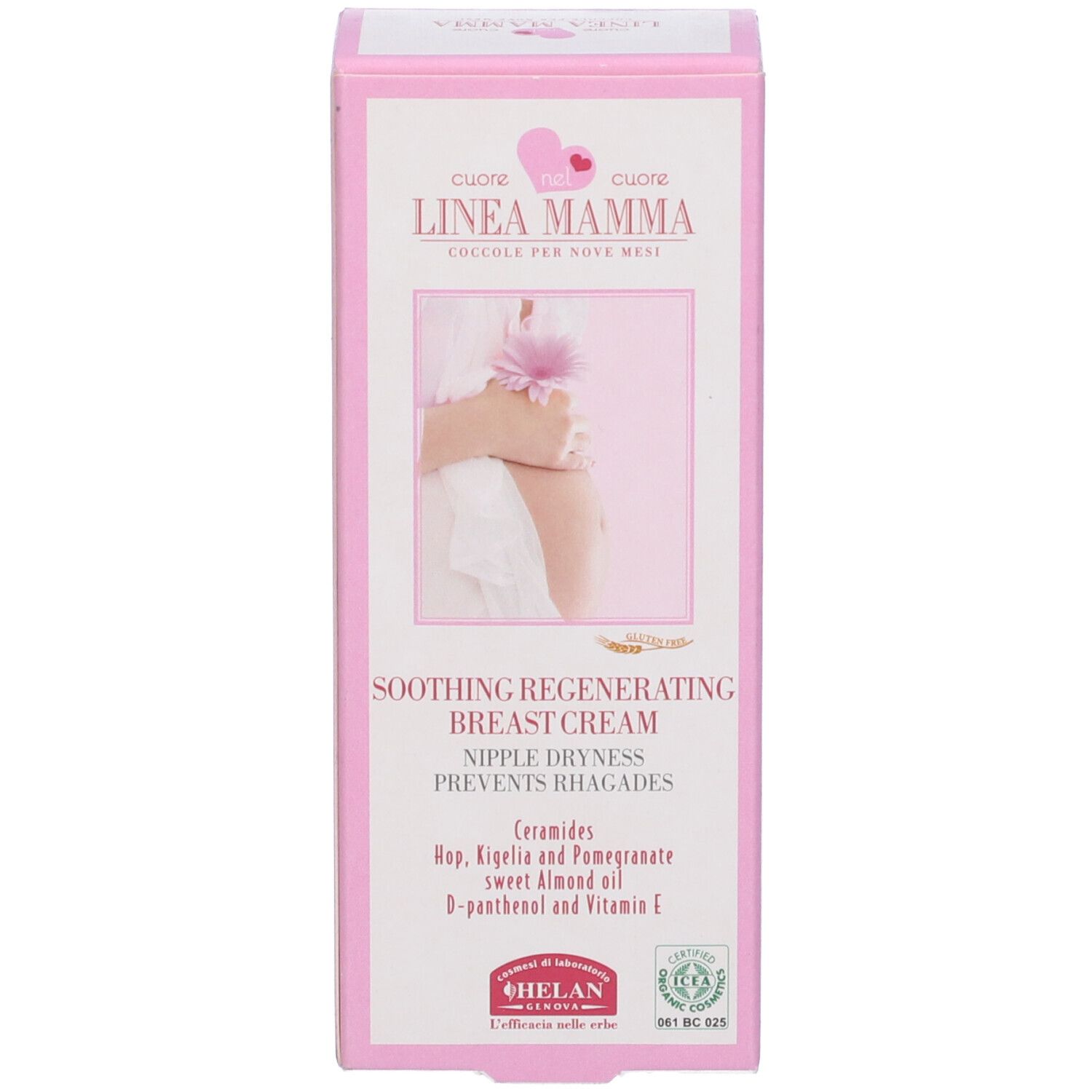 Lato della scatola rosa. Testo: Soothing Regenerating Breast Cream, Nipple Dryness, Prevents Rhagades. Marchio: HELAN. Certificazioni.