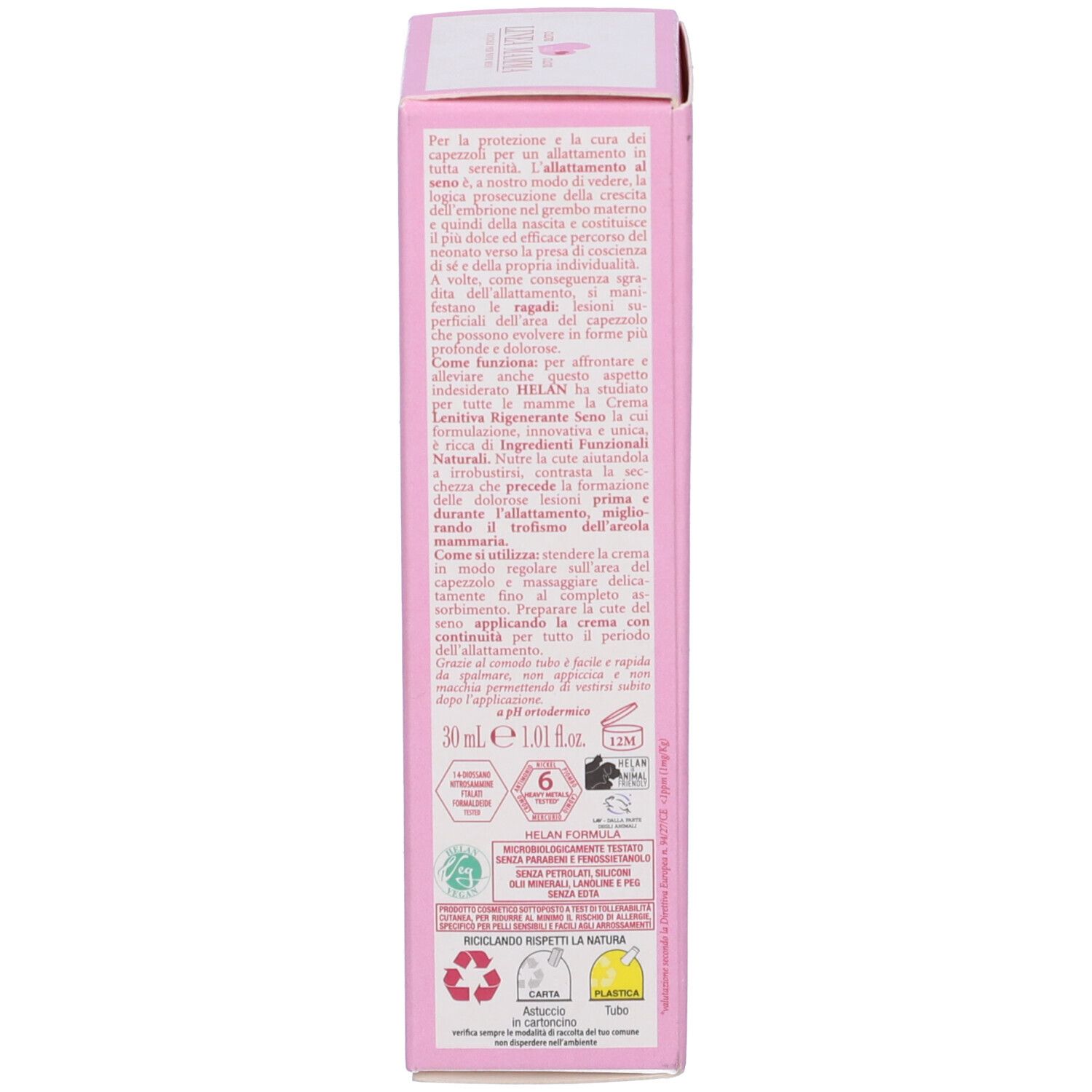 Lato della scatola rosa. Testo in italiano. Informazioni su ingredienti e utilizzo. Marchio: HELAN. Certificazioni.