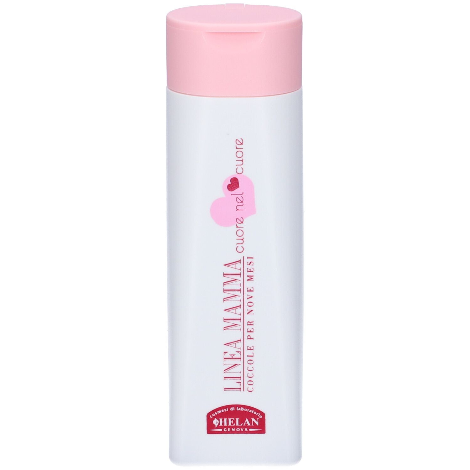 Flacone bianco, tappo rosa. Scritta: LINEA MAMMA. Logo: cuore. Marchio: HELAN.