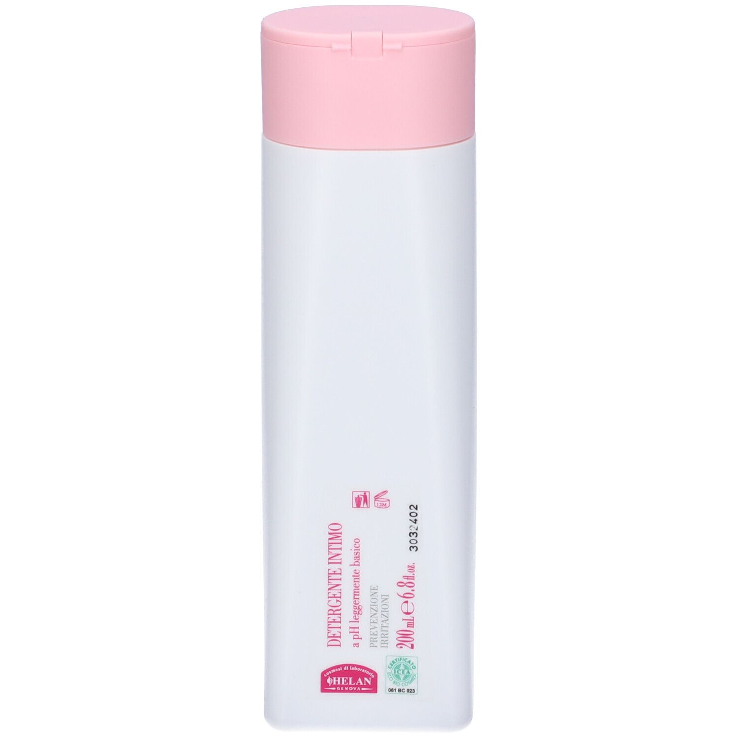 Flacone bianco, tappo rosa. Scritta: Detergente Intimo. Marchio: HELAN. Con certificazioni.