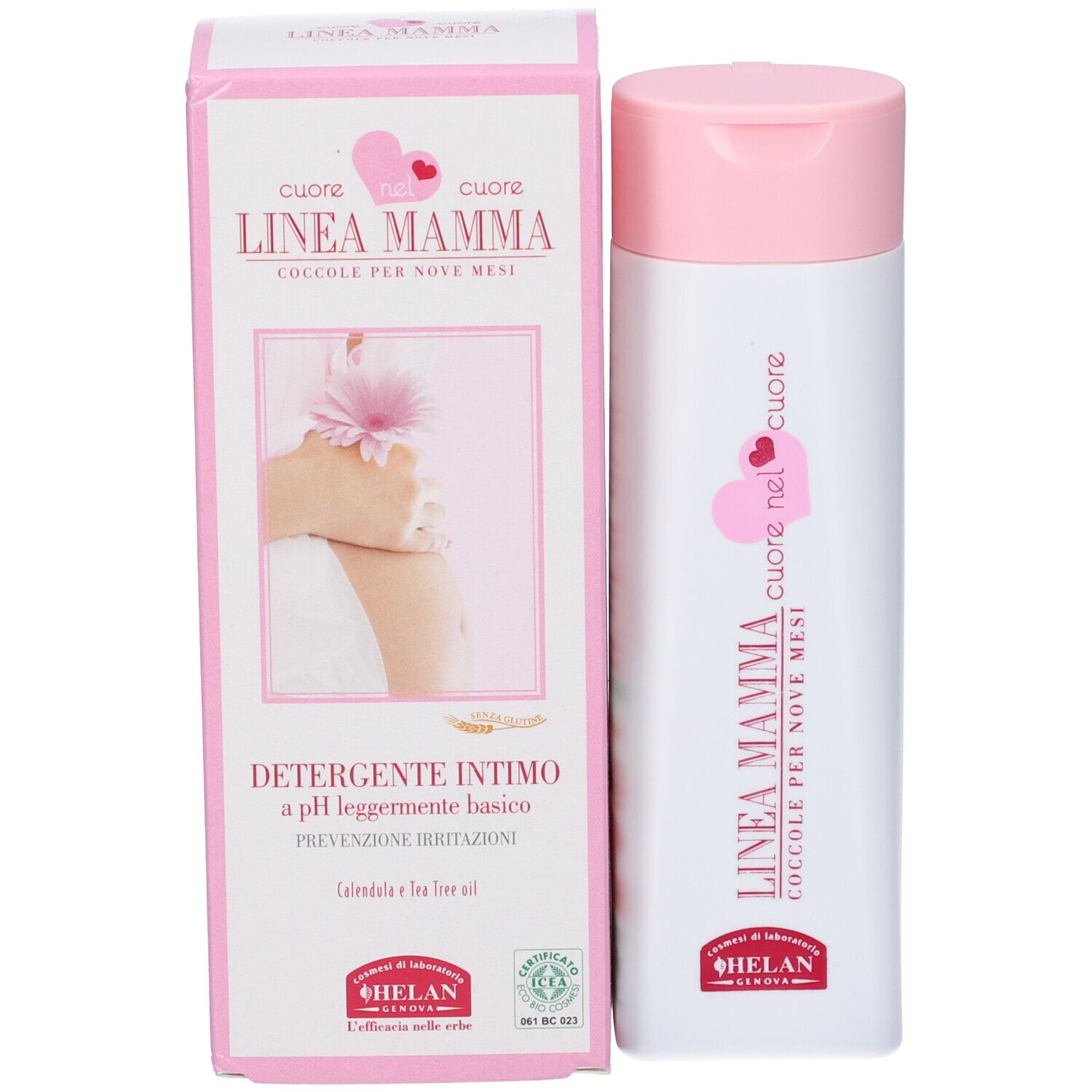 Flacone bianco, tappo rosa e confezione. Scritta: LINEA MAMMA, Detergente Intimo. Con certificazioni.