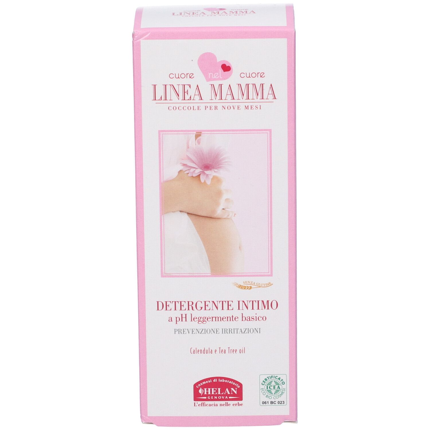 Confezione rosa. Scritta: LINEA MAMMA, Detergente Intimo. Logo: cuore. Marchio: HELAN. Con certificazioni.