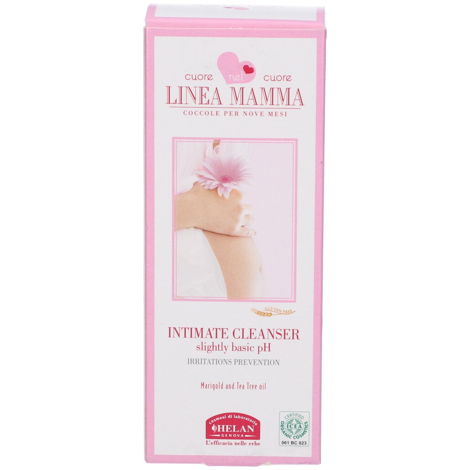 Confezione rosa. Scritta: Intimate Cleanser, prevenzione irritazioni. Marchio: HELAN. Con certificazioni.