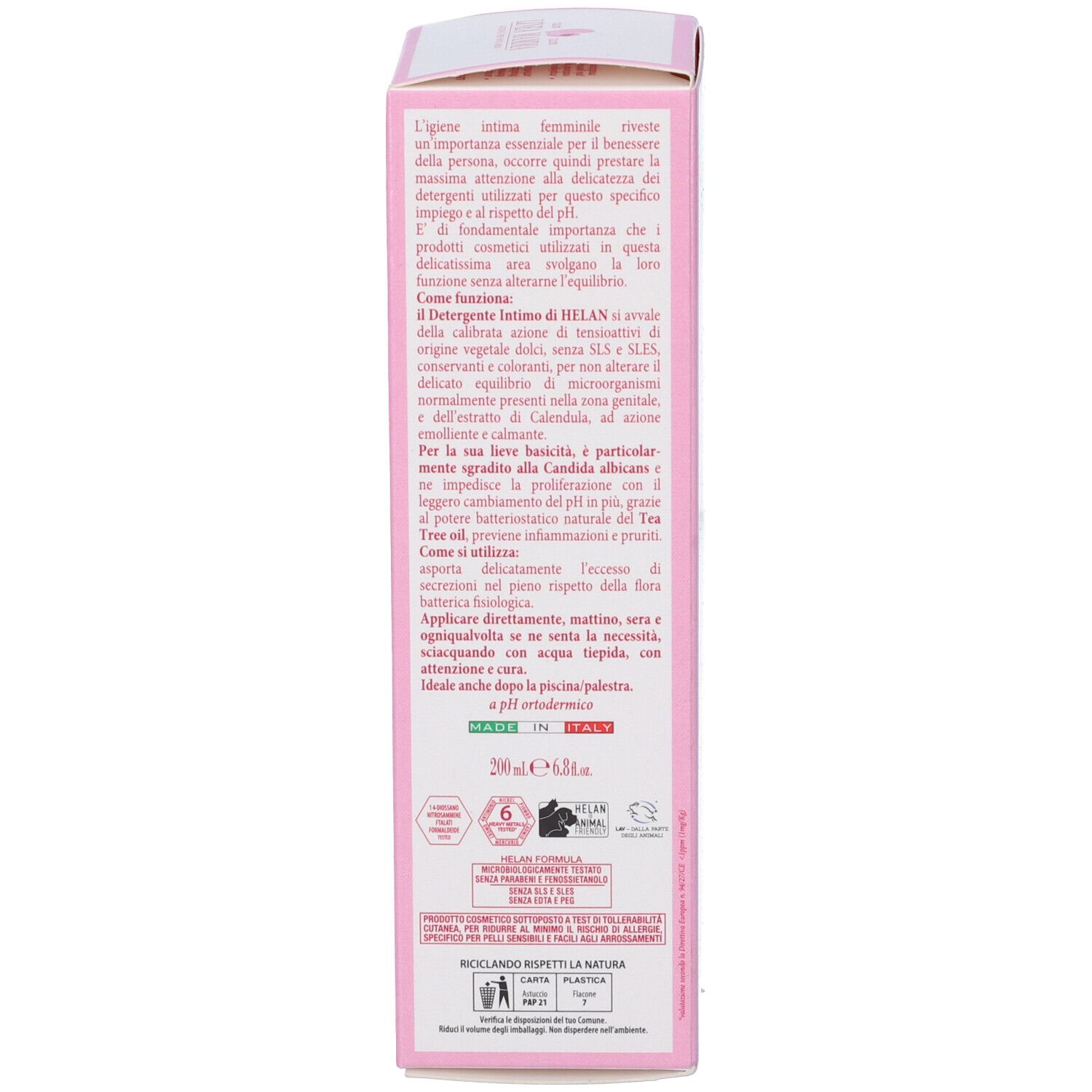 Confezione rosa. Testo su igiene intima, uso, ingredienti. Marchio: HELAN. Con certificazioni.
