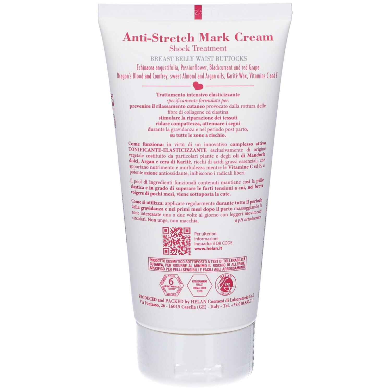 Retro del tubo di crema. Testo: Anti-Stretch Mark Cream, ingredienti, istruzioni per l'uso. Logo: HELAN.