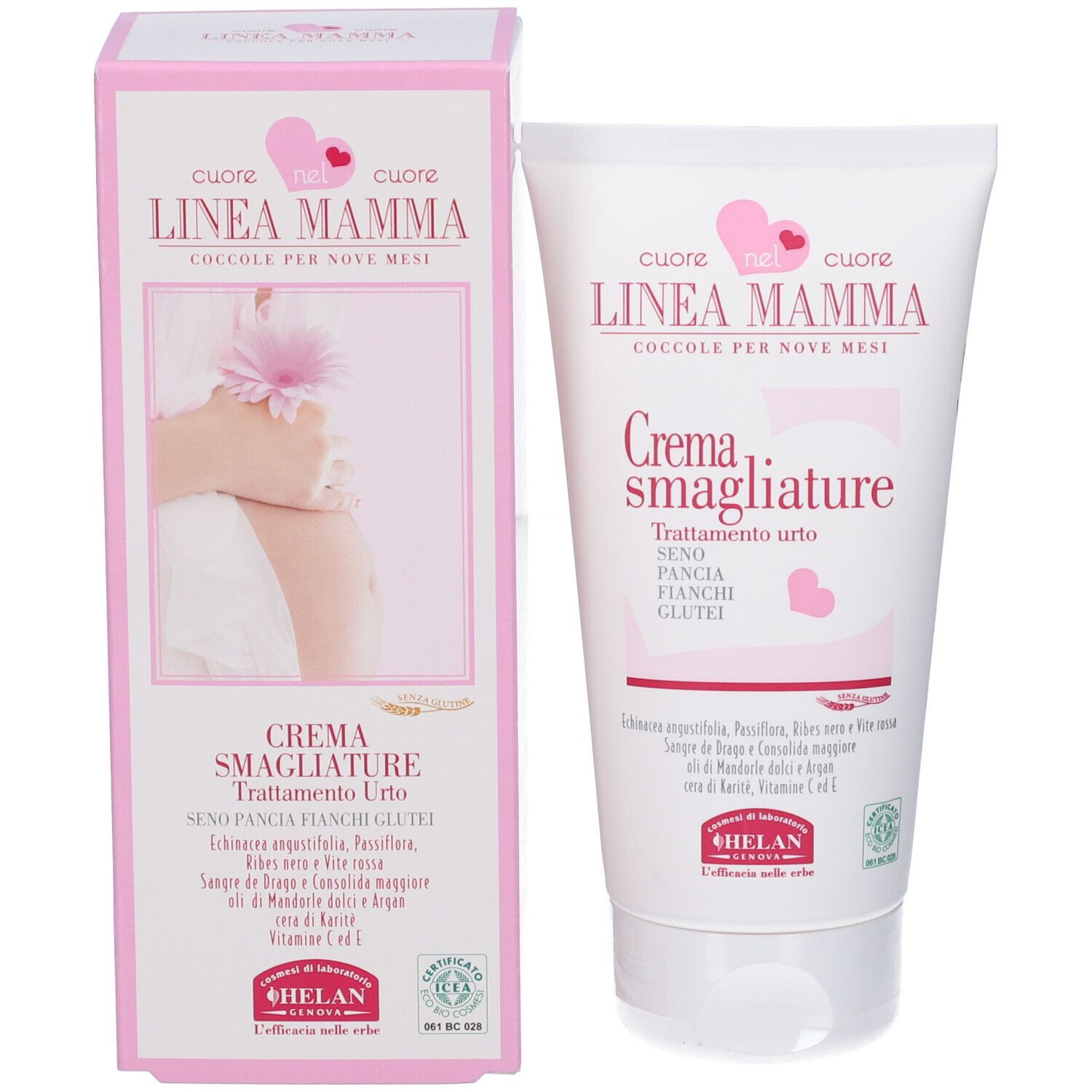 Confezione del prodotto: tubo e scatola. Scritta: LINEA MAMMA, Crema smagliature. Logo: HELAN.