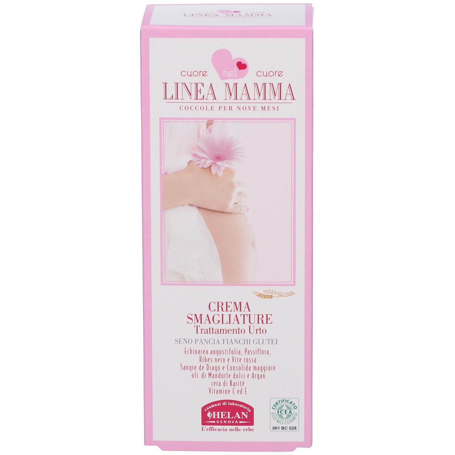 Scatola rosa con immagine del prodotto. Scritta: LINEA MAMMA, Crema smagliature. Logo: HELAN.