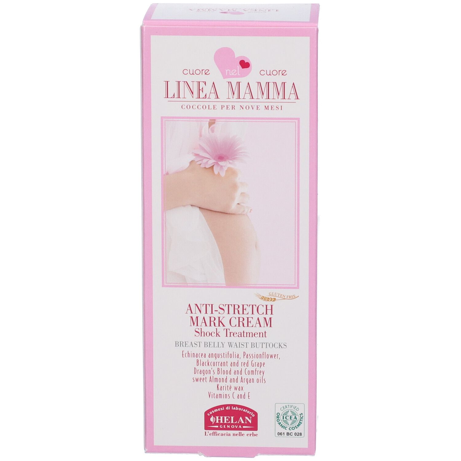 Fronte della confezione del prodotto. Scritta: Anti-Stretch Mark Cream. Logo: HELAN.