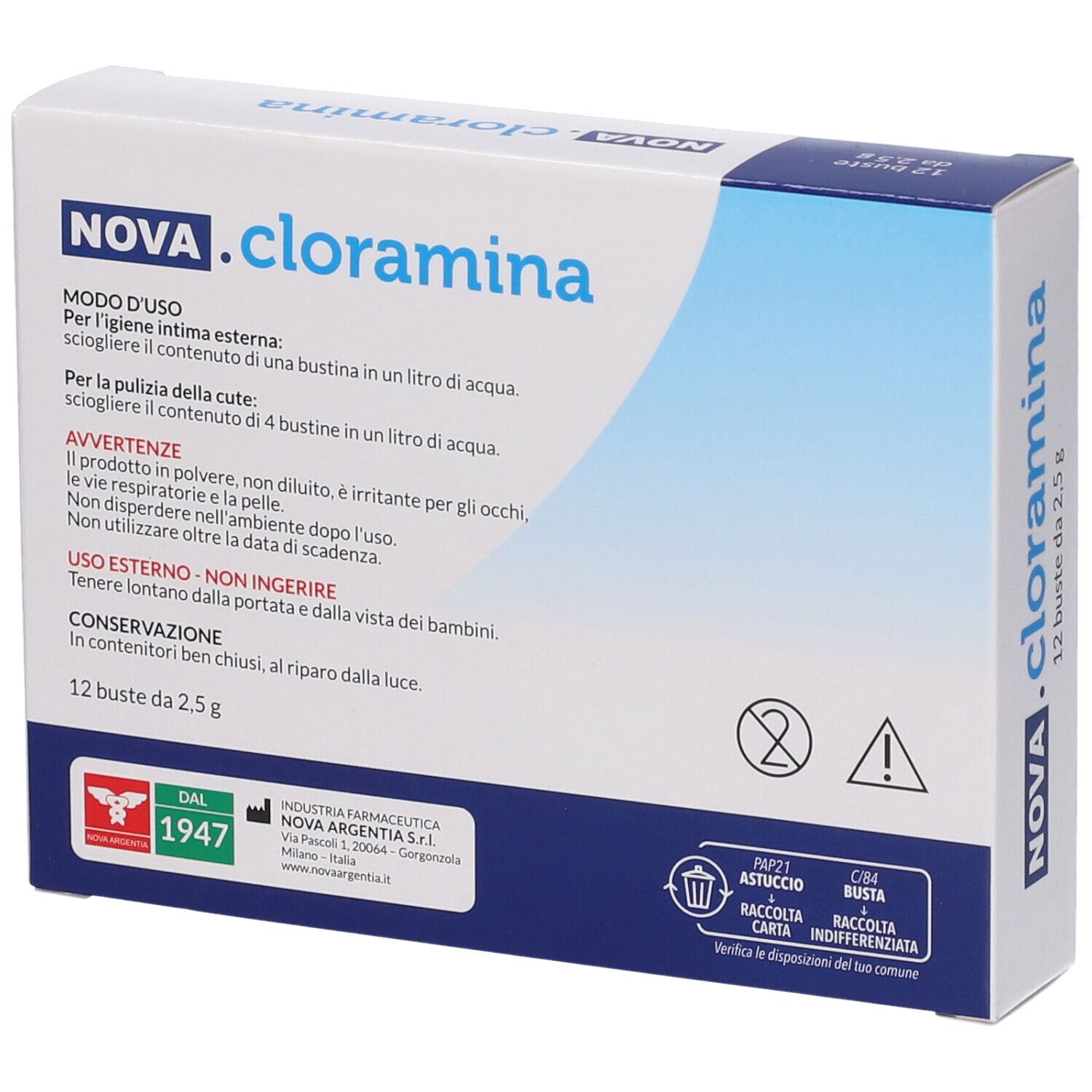 Retro confezione NOVA.cloramina con istruzioni e marchio CE.