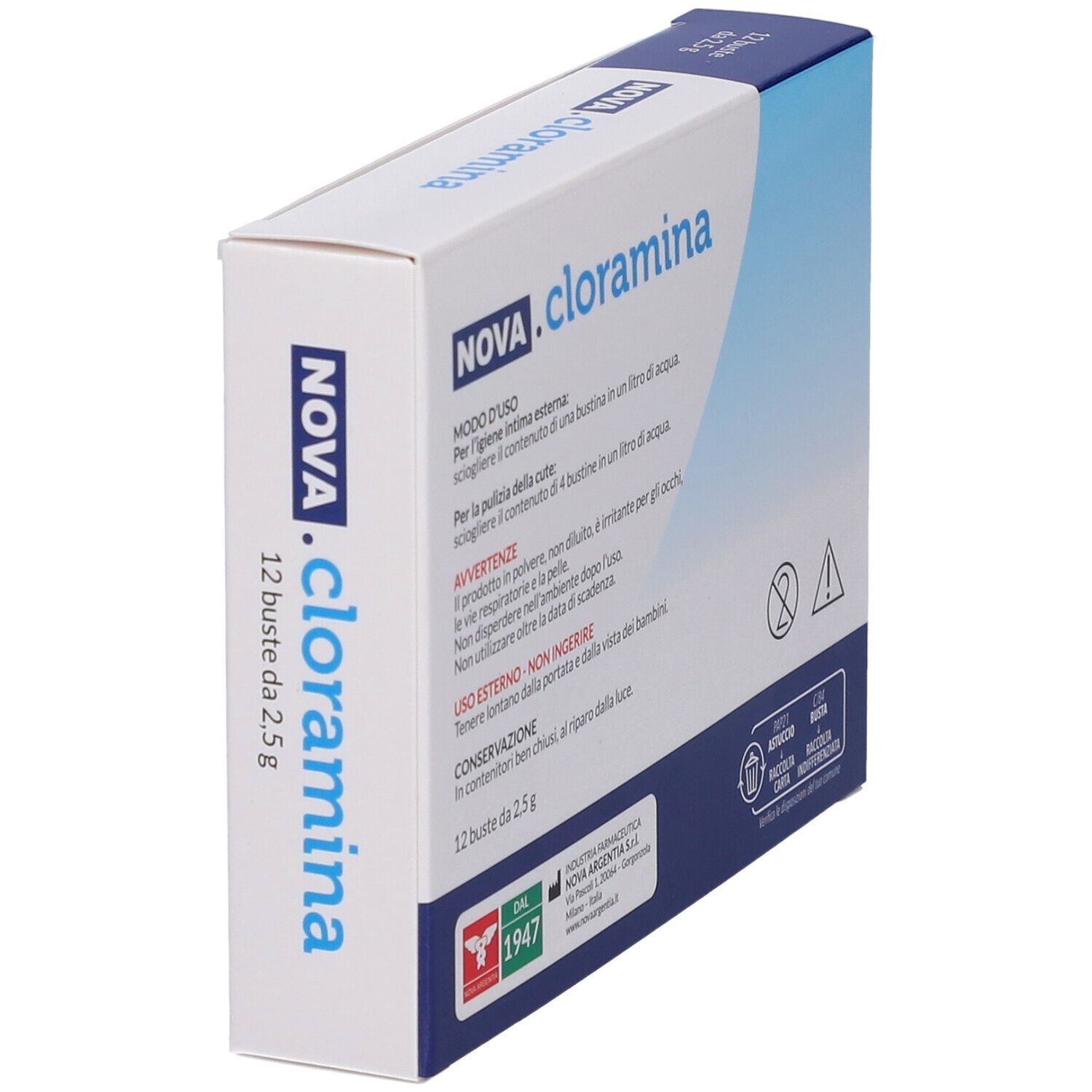 Retro confezione NOVA.cloramina con istruzioni e marchio CE.