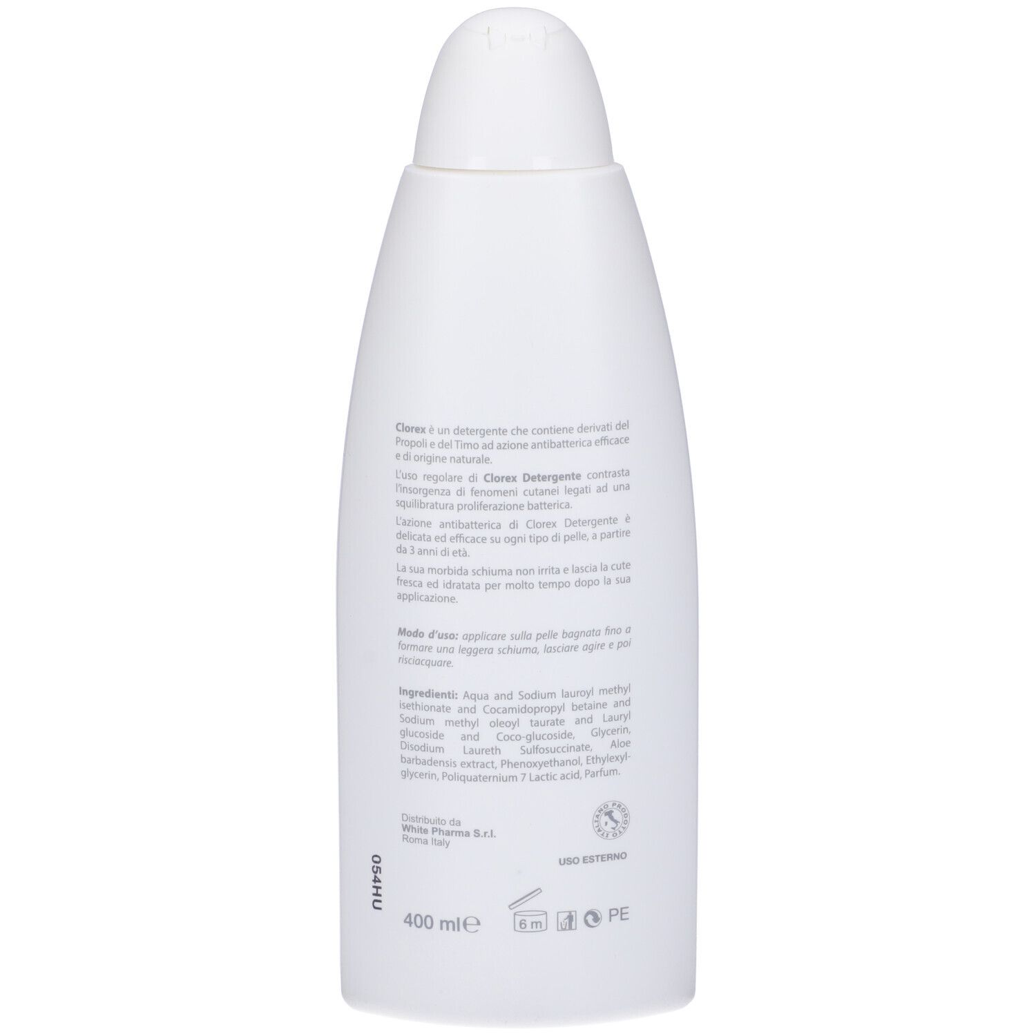 Retro del flacone bianco. Testo in italiano. Scritta: 400 ml.