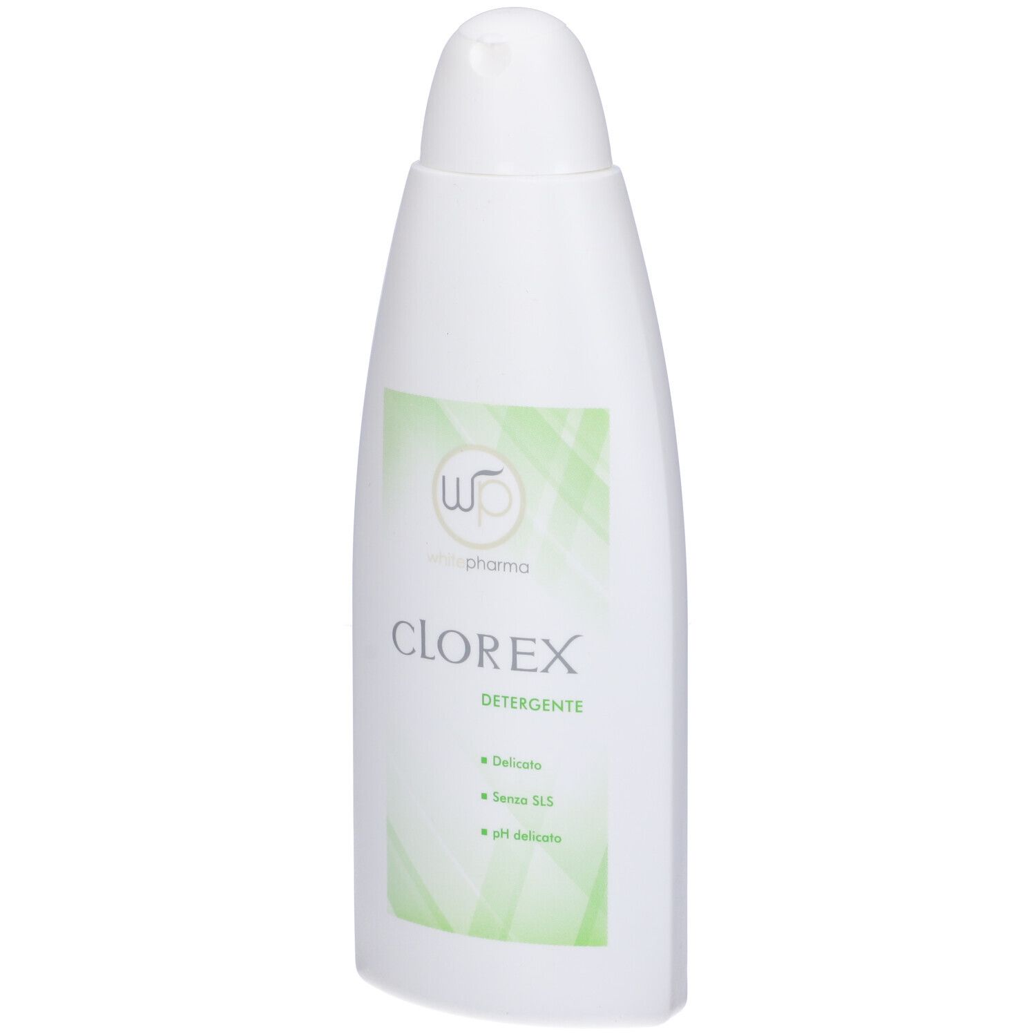 Flacone bianco con etichetta verde. Scritta: Clorex Detergente. Logo: wp whitepharma.