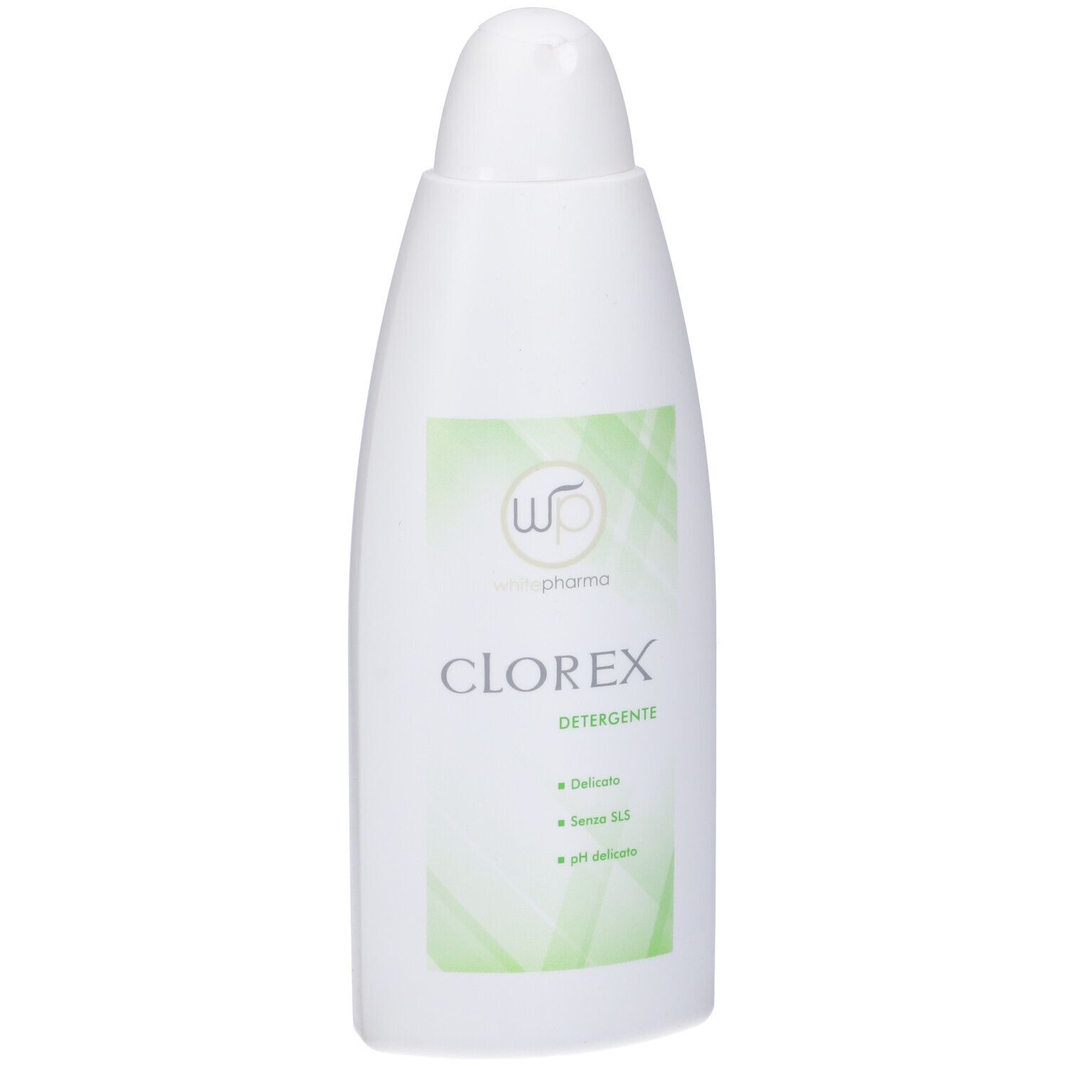 Flacone bianco con etichetta verde. Scritta: Clorex Detergente. Logo: wp whitepharma.