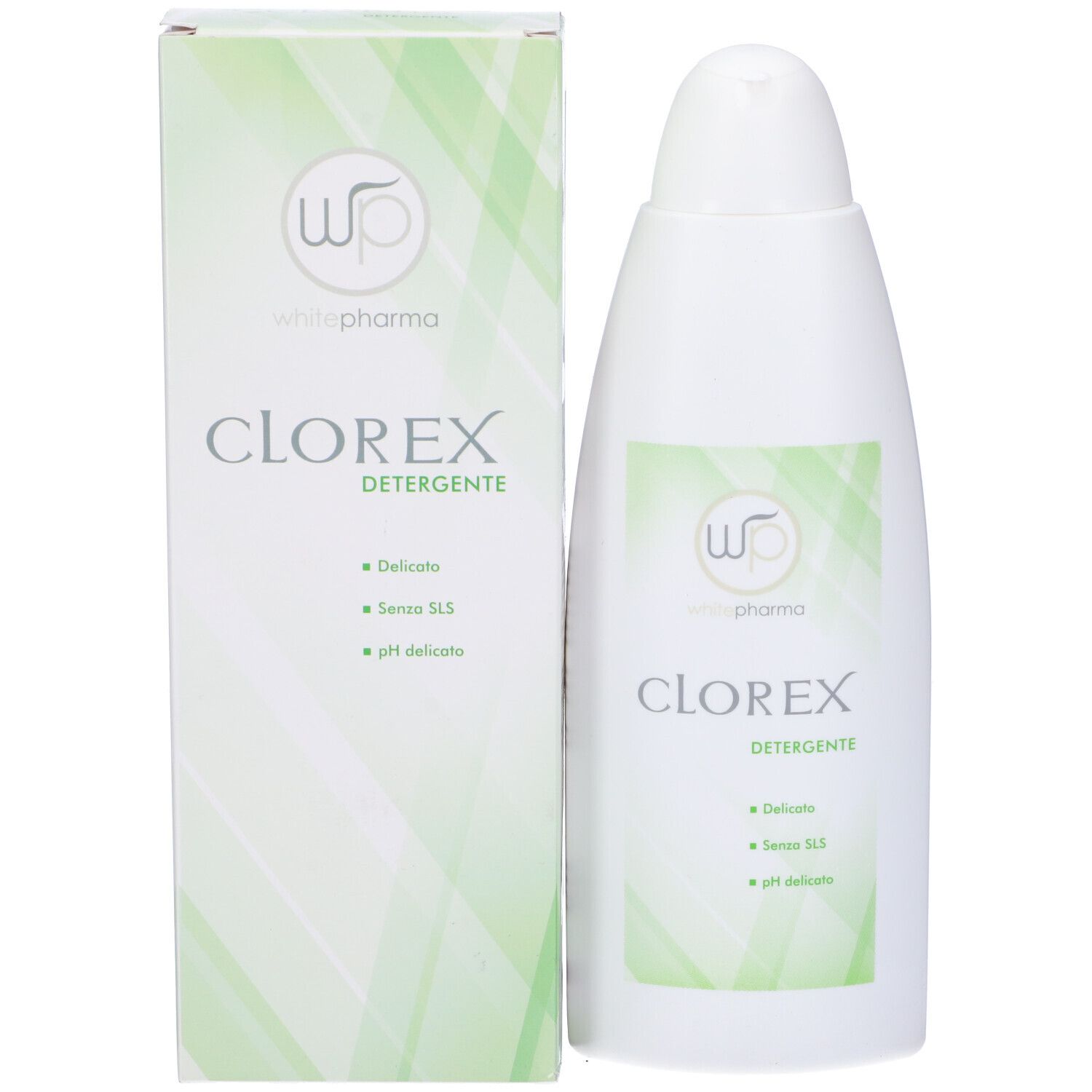 Prodotto e confezione. Flacone bianco e scatola. Scritta: Clorex Detergente. Logo: wp whitepharma.