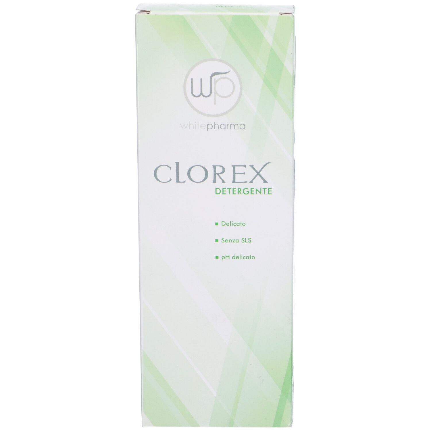 Confezione. Scatola bianca con design verde. Scritta: Clorex Detergente. Logo: wp whitepharma.