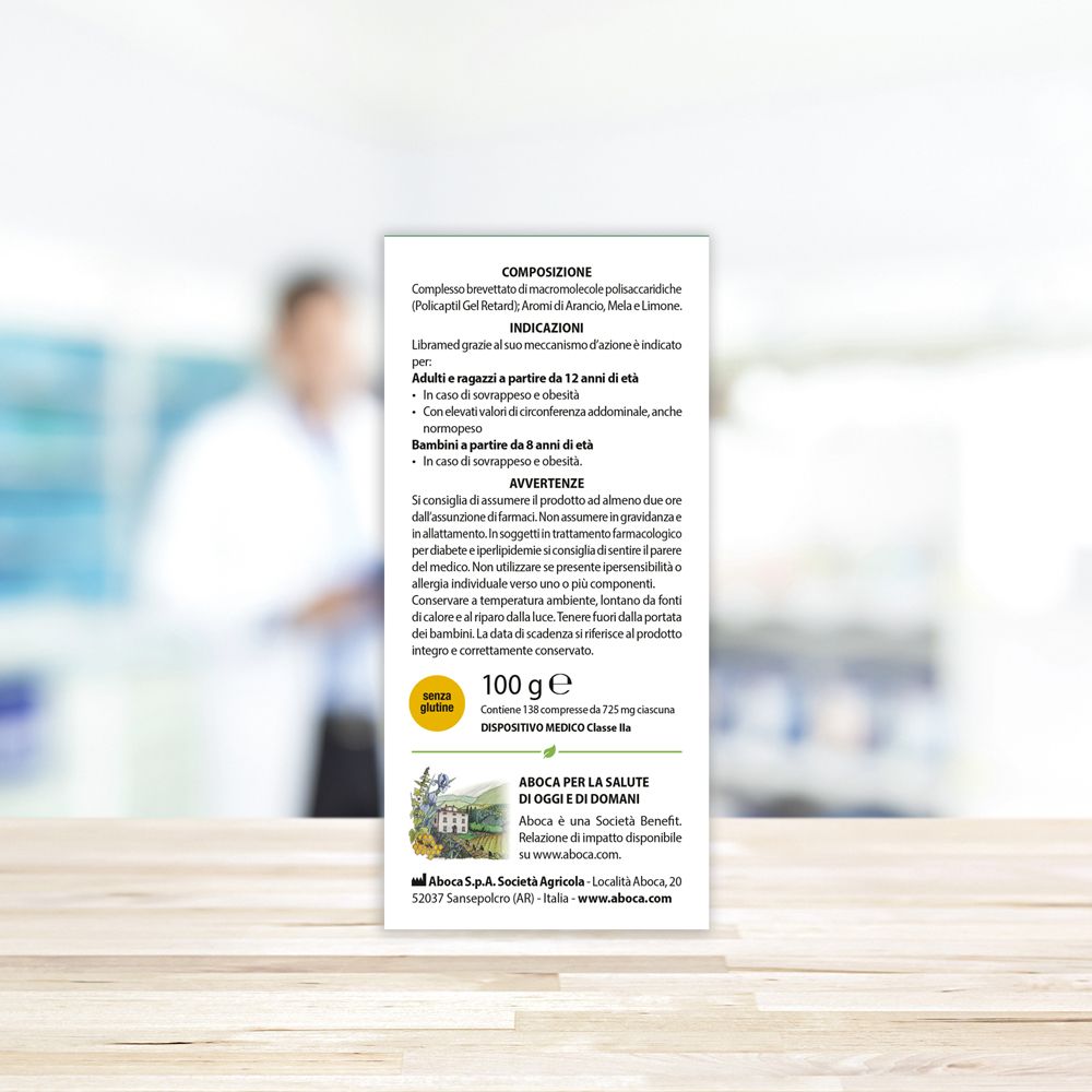 Retro della confezione del prodotto con ingredienti e informazioni. 100g. Logo Aboca.