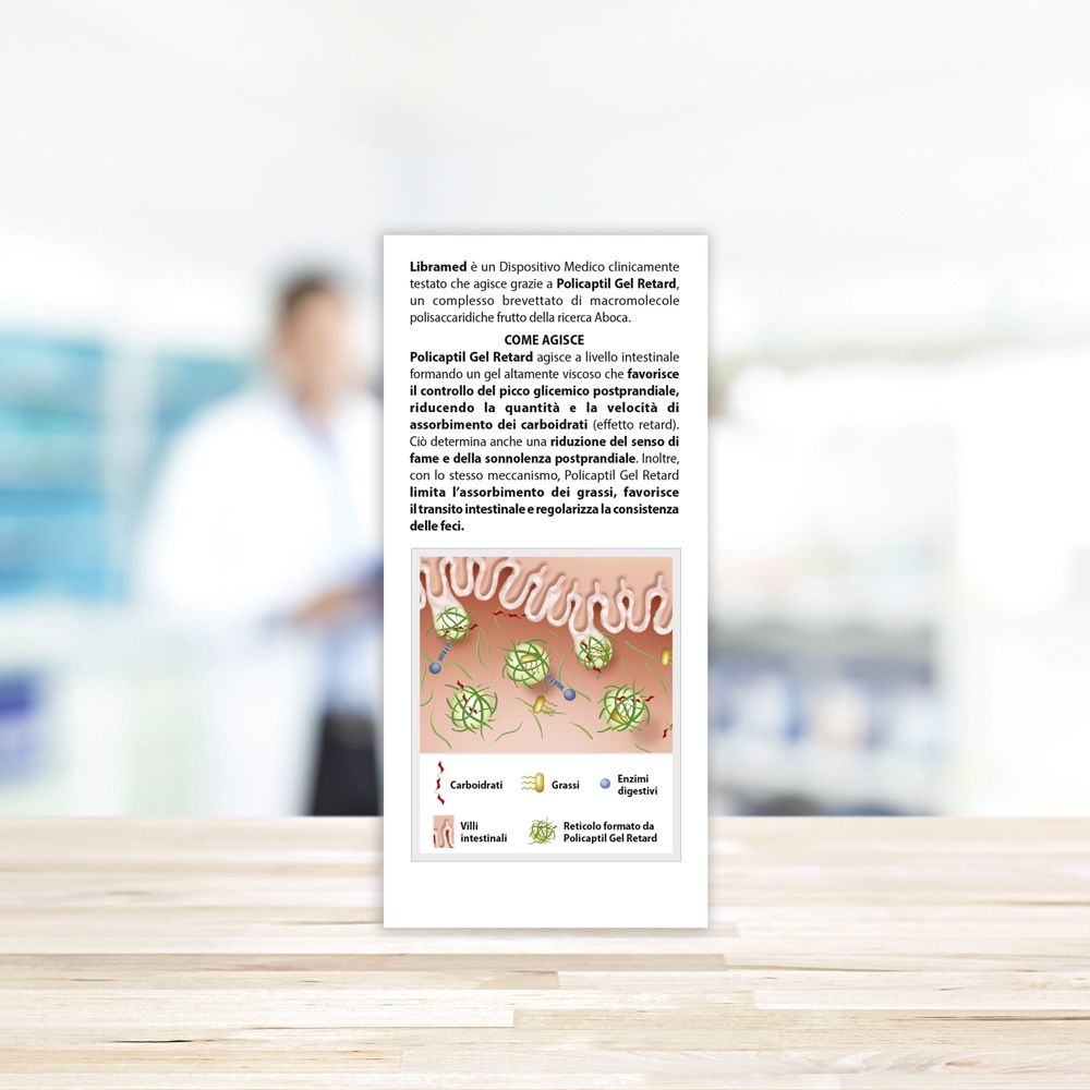 Retro della confezione del prodotto con informazioni. Dispositivo medico. Logo Aboca.