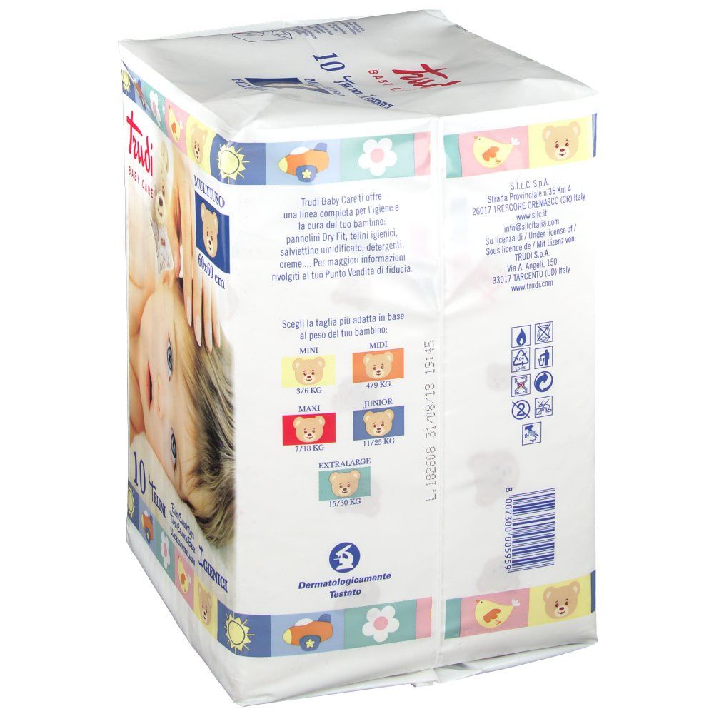 Retro confezione Trudi Baby Care Telini. Informazioni taglie, ingredienti e produttore. Dermatologicamente testato.