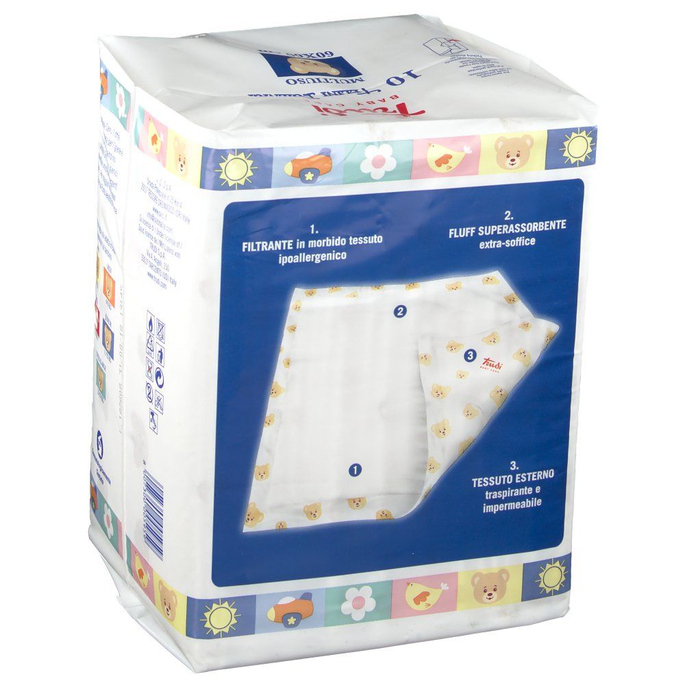 Confezione Trudi Baby Care Telini con vista aperta. Mostra l'interno del telo. 3 strati: filtro, anima assorbente, tessuto esterno.