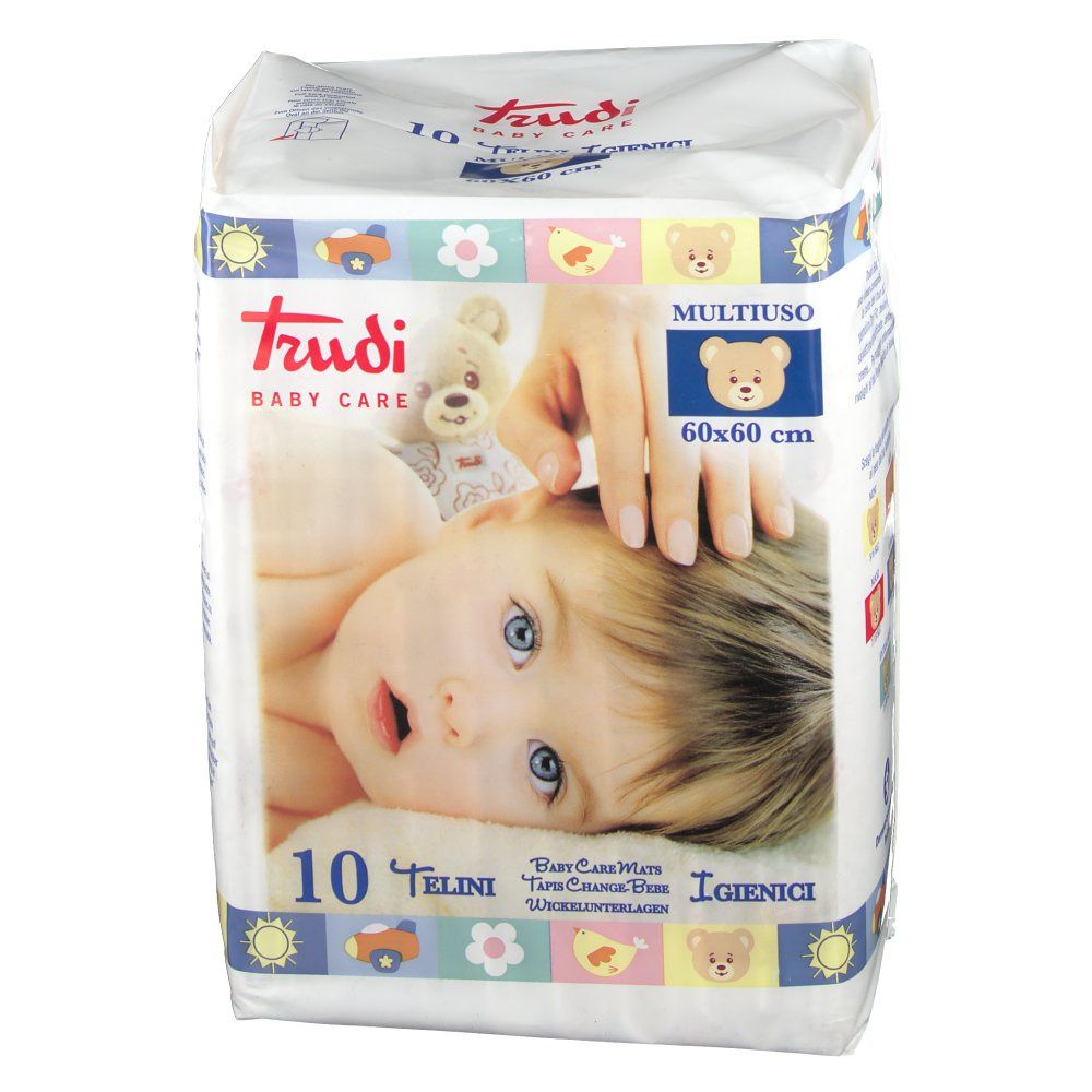 Confezione di Trudi Baby Care Telini. Immagine di bambino, orsacchiotto e informazioni. 60x60 cm, 10 pezzi. Teli multiuso.