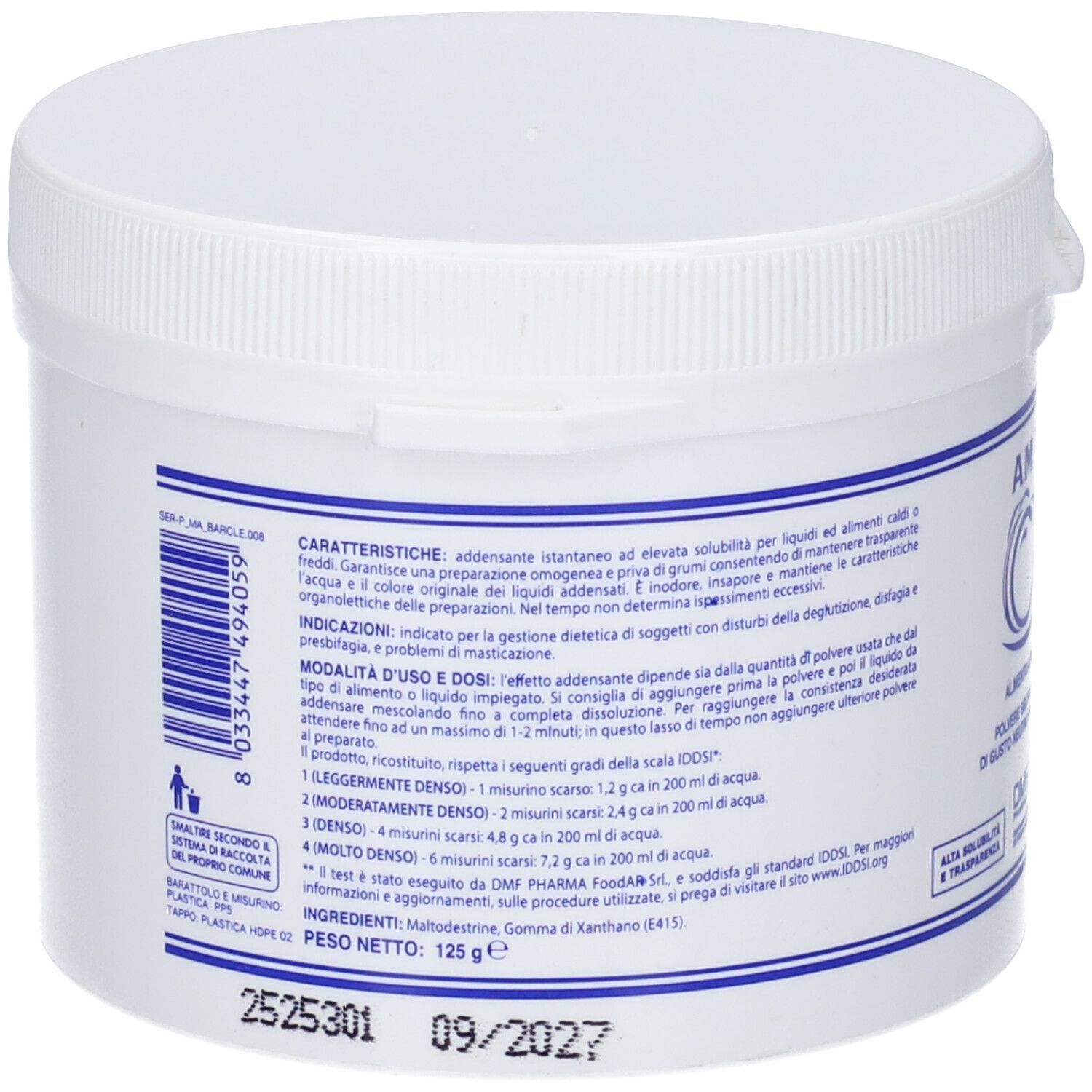 Contenitore bianco con testo. Scritta: AM PLUS Clear. Ingredienti: Maltodestrina, gomma di xantano. Peso netto: 125 g. Scadenza 09/2027.