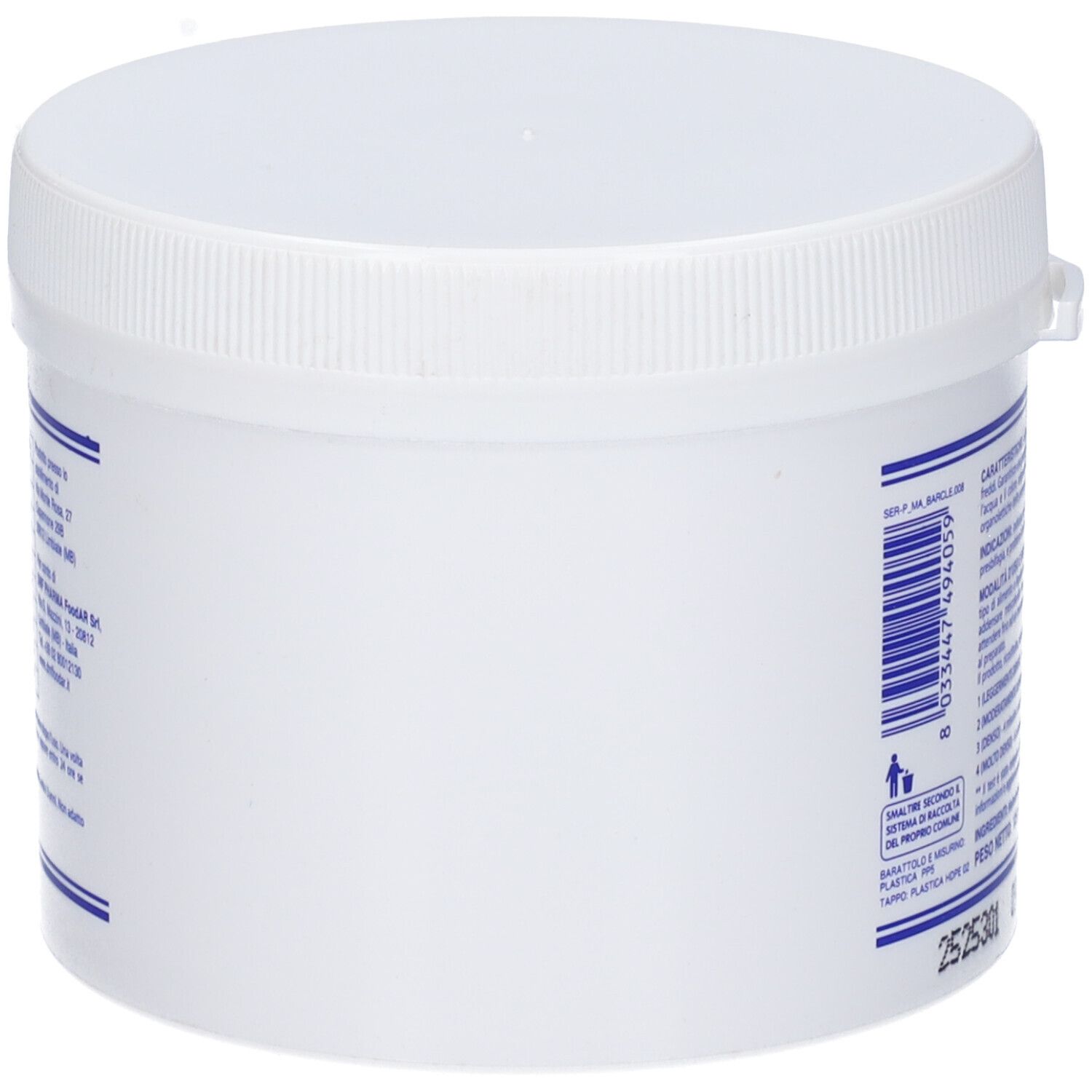 Contenitore bianco, vista laterale. Strisce blu e testo. Scritta: 2525301.