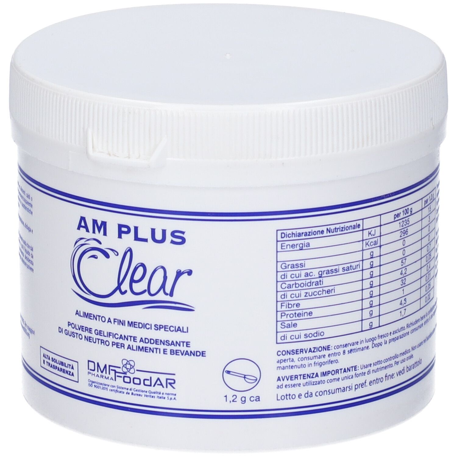 Contenitore bianco con stampa blu. Scritta: AM PLUS Clear. Tabella nutrizionale. 1,2 g.